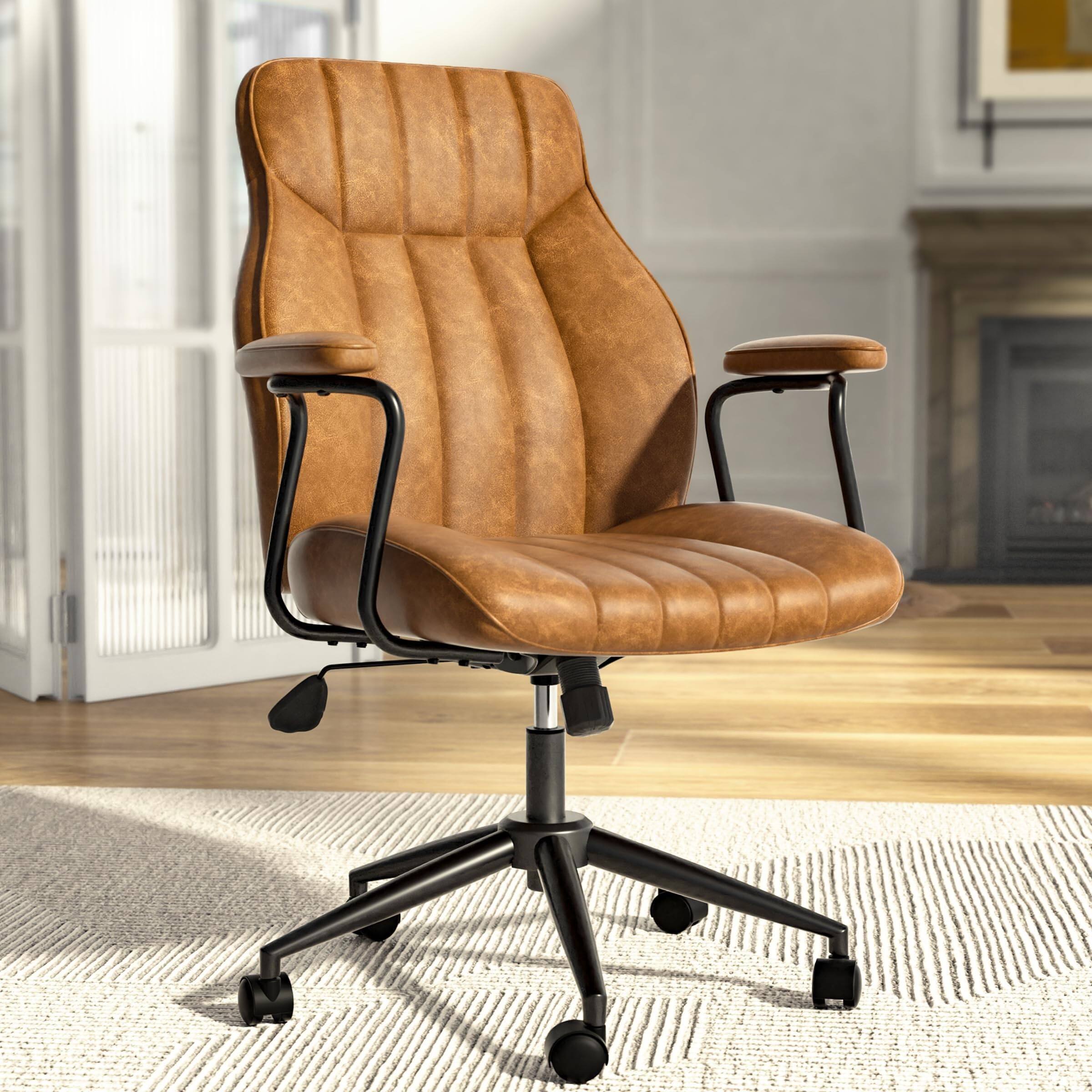 Front. Dazzed Corner - Brown Leather Mid Century Office Desk Chair with Wheels and Arms, Adjustable Height - Brown.