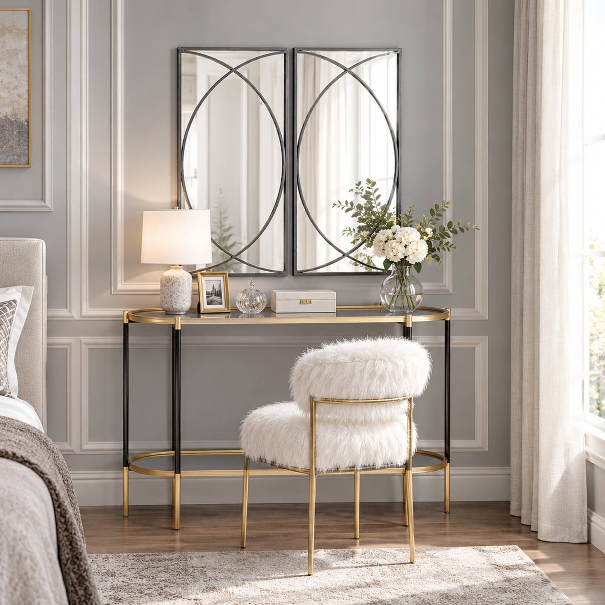 Alt View 2. RYHNUYNE - 32 in Rectangular Wall Mirror Set, 3 Black Iron Frames, Crossed Ring Design, Living Room and Bedroom Decor - Black.