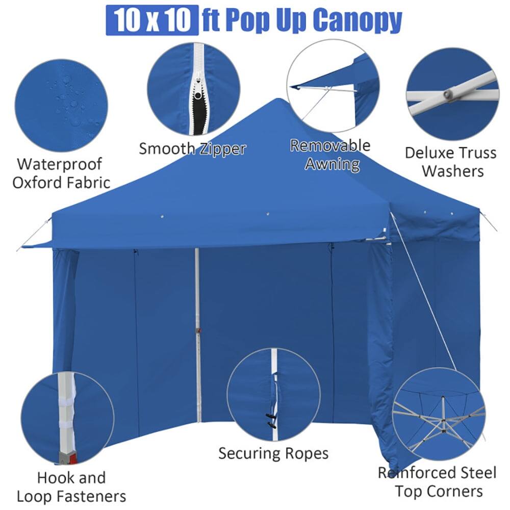 10 x 10 ft Pop Up Canopy

- Waterproof Oxford Fabric
- Smooth Zipper
- Removable Awning
- Deluxe Truss Washers
- Hook and Loop Fasteners
- Securing Ropes
- Reinforced Steel Top Corners