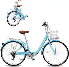Winado - Foldable Beach Cruiser Bike, 26" Folding Women's Bike with 7 Speed Shifting, Foldable Basket, Adjustable Seat - Blue