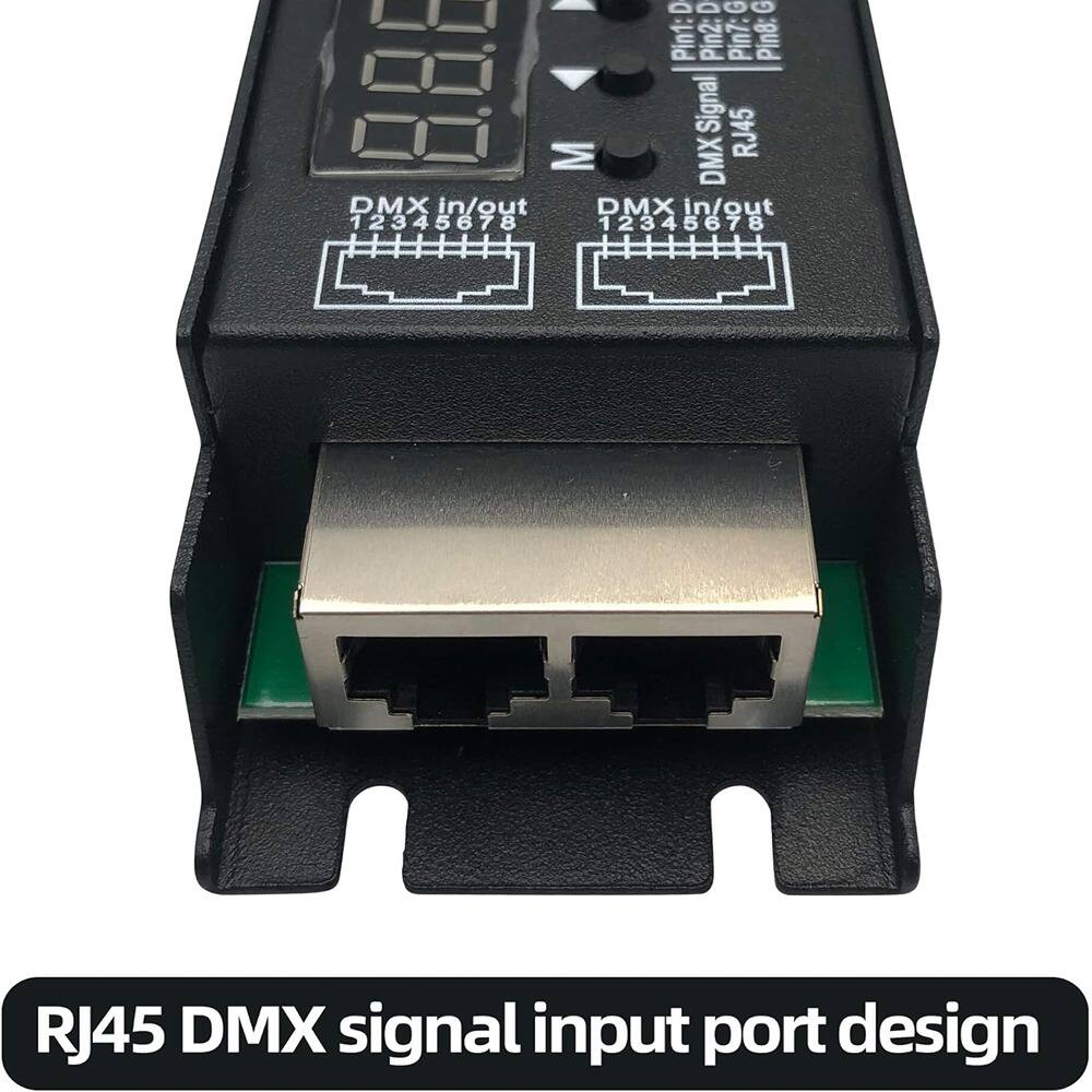 RJ45 DMX signal input port design

DMX in/out 12345678

DMX Signal RJ45

Pin1: D+ Pin2: D- Pin7: G Pin8: G

DMX in/out 12345678