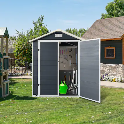 Front. Anysun - 6ft x 4ft Plastic Outdoor Storage Shed with Floor and Lockable Door – Plastic Garden Shed for Backyard, Lawn - Cold Grey.