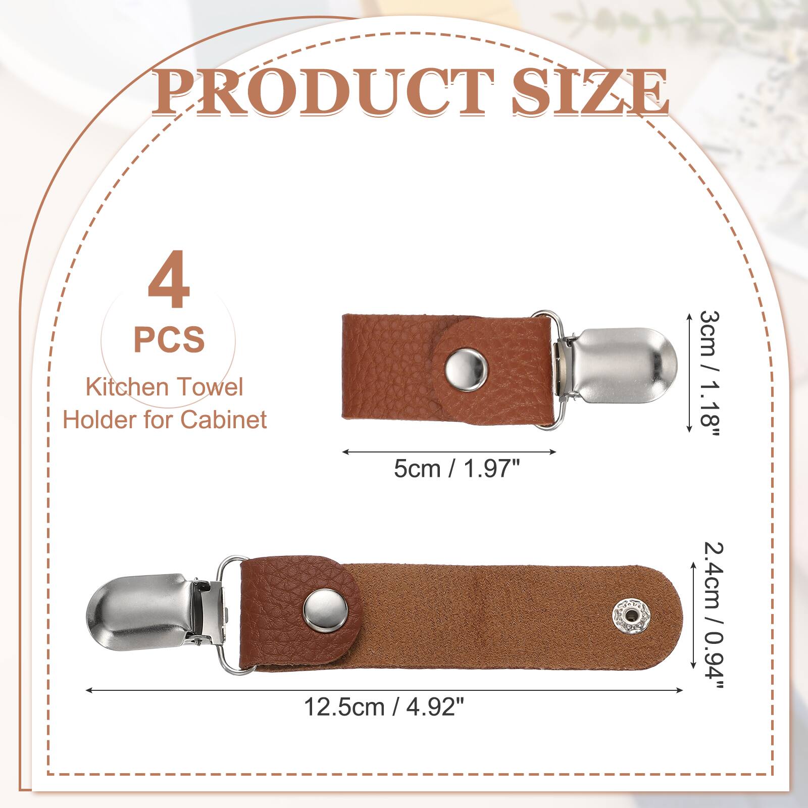 PRODUCT SIZE

4 PCS Kitchen Towel Holder for Cabinet

5cm / 1.97"  
3cm / 1.18"  
12.5cm / 4.92"  
2.4cm / 0.94"