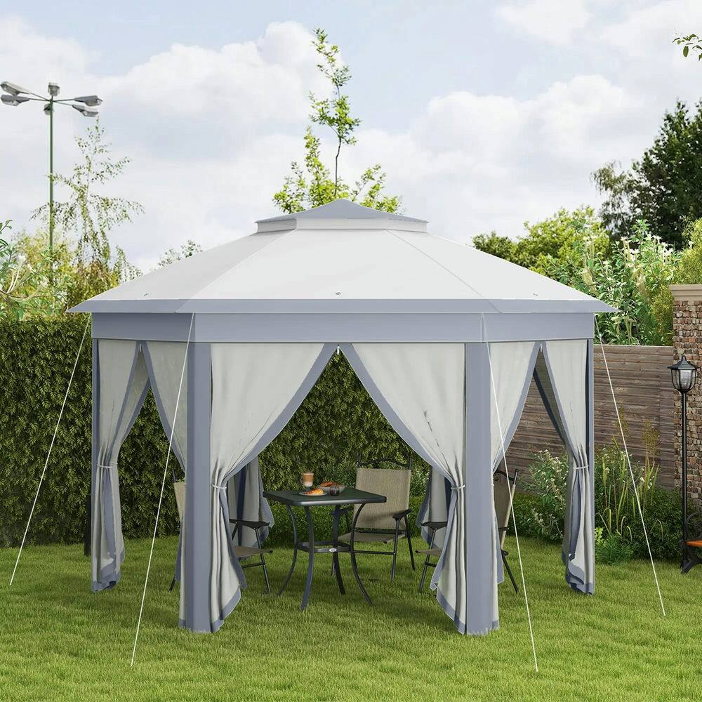 Alt View 6. Spaco - Spaco 13'x13' Pop Up Gazebo Hexagonal Canopy Shelter,6 Zippered Mesh Netting - Grey.