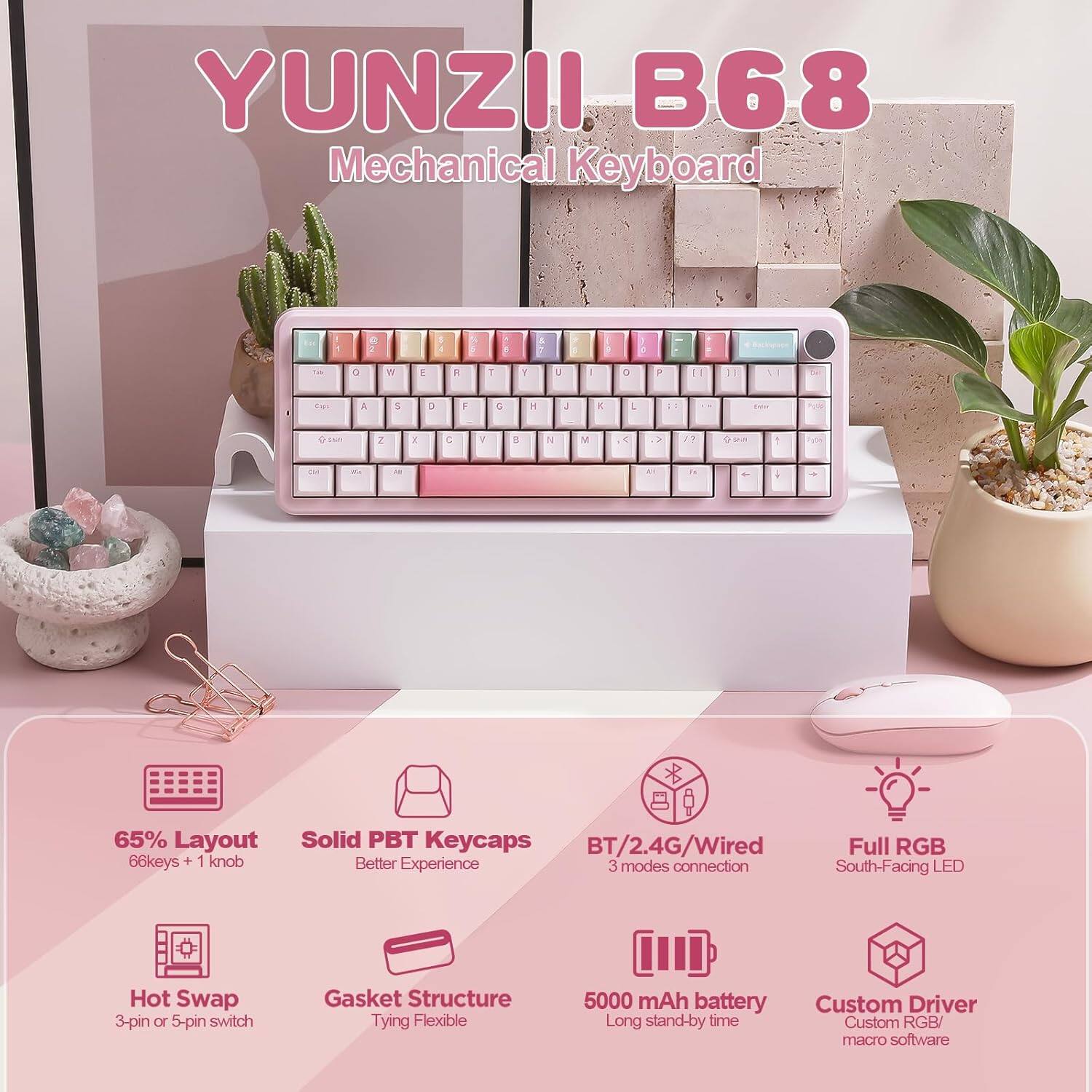 YUNZII B68 Mechanical Keyboard: 65% Layout, 66 keys + 1 knob, Solid PBT Keycaps, BT/2.4G/Wired, Full RGB, 3 modes connection, South-Facing LED, Hot Swap (3-pin or S-pin switch), Gasket Structure, 5000 mAh battery, Custom Driver, Custom RGB/macro software.