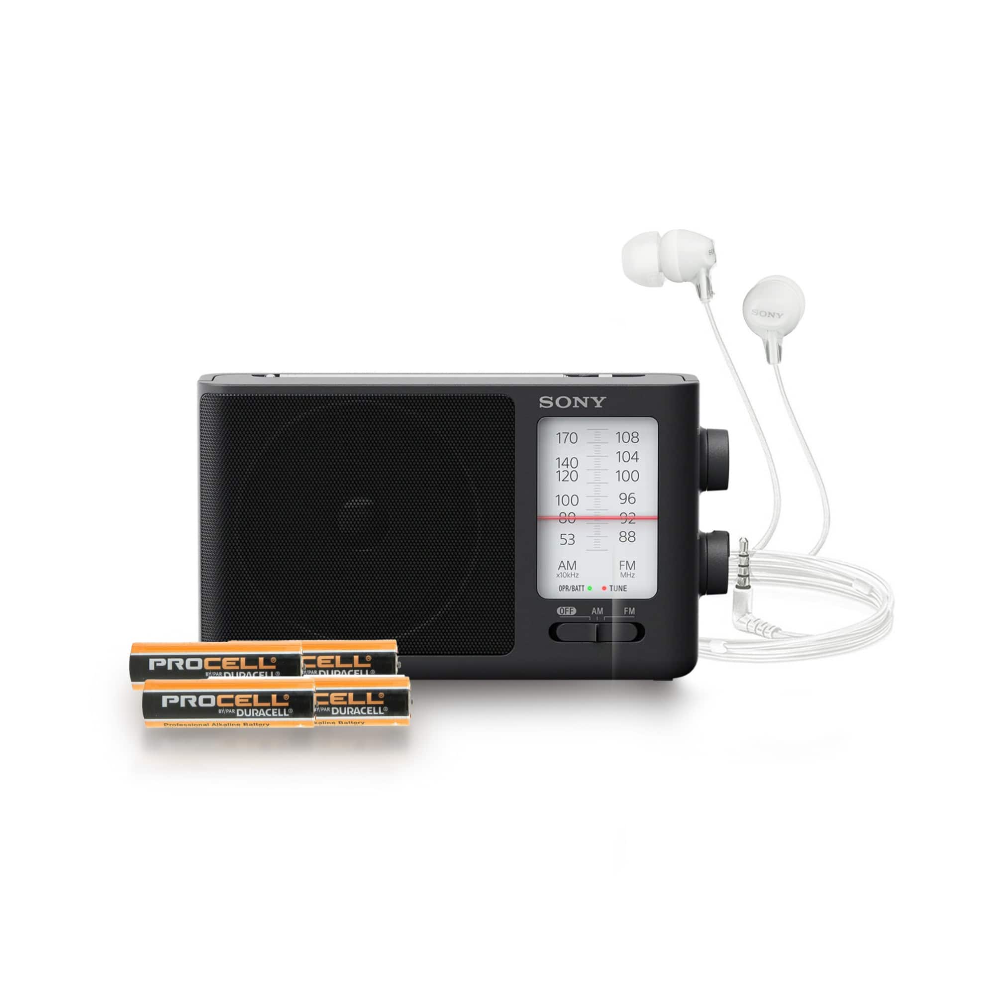 Sony - ICF506 Portable Radio with AA (4-pack) and In-Ear Earbud Headphones Bundle