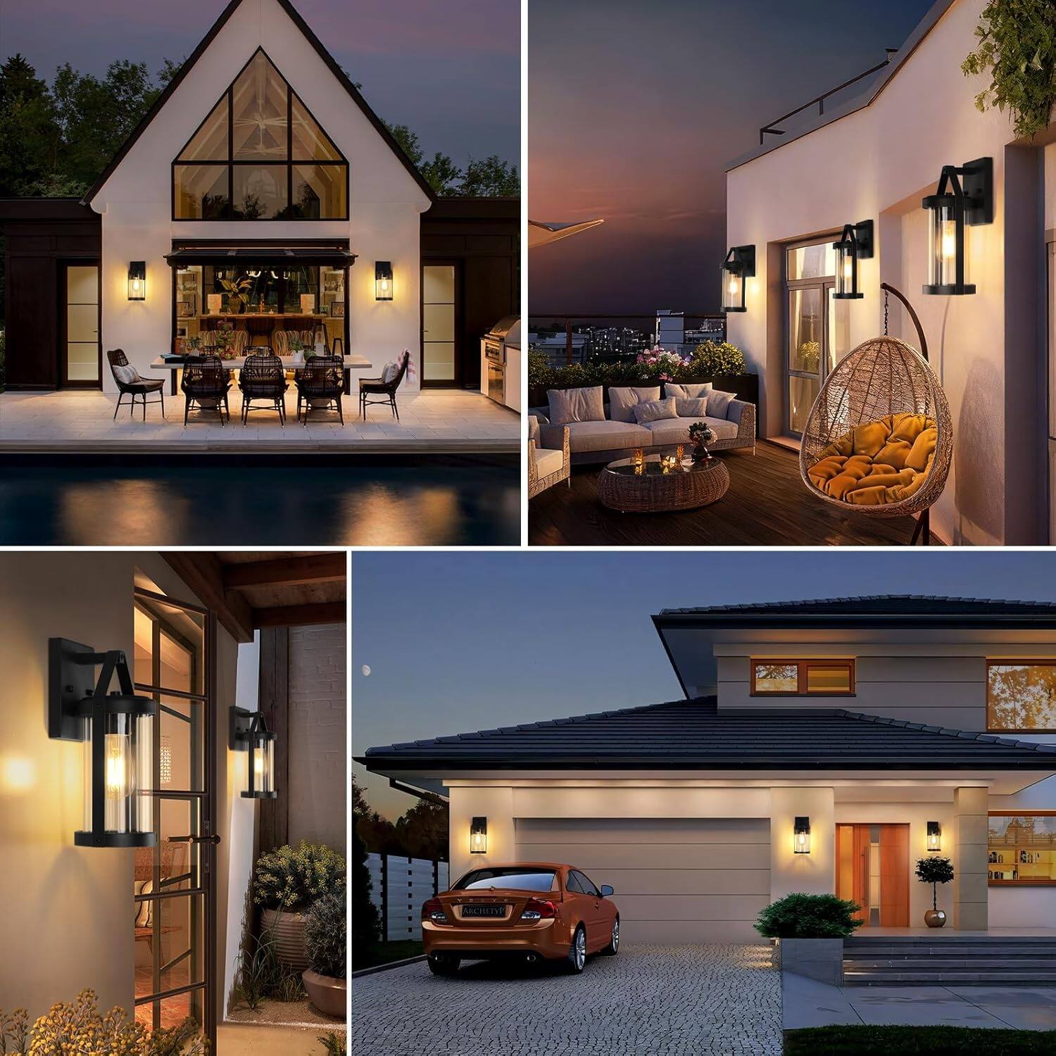 Left. Nordic Hygge - 2-Pack Water-Resistant Matte Black Outdoor Wall Lanterns with Clear Ribbed Glass.