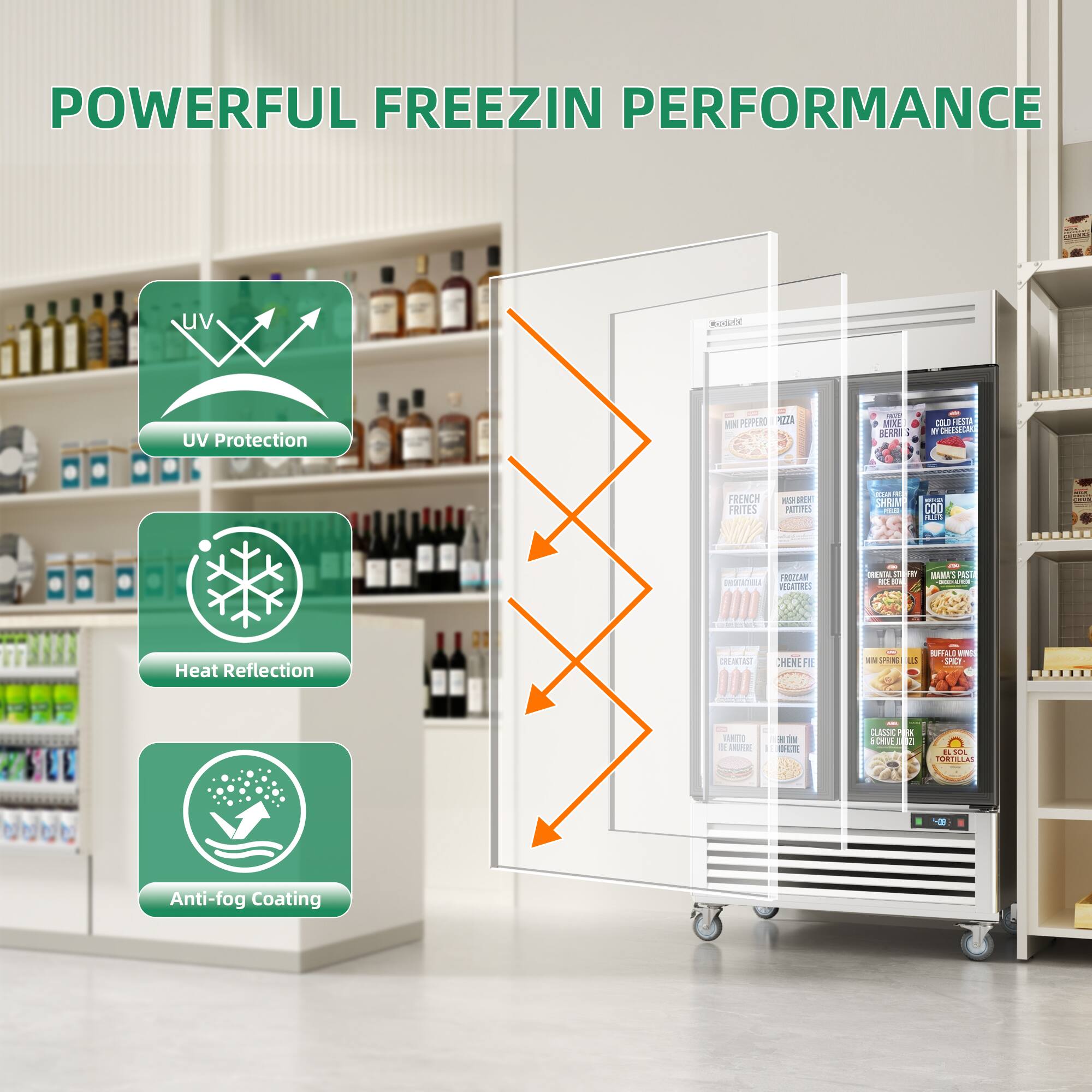 POWERFUL FREEZING PERFORMANCE  
- UV Protection  
- Heat Reflection  
- Anti-fog Coating