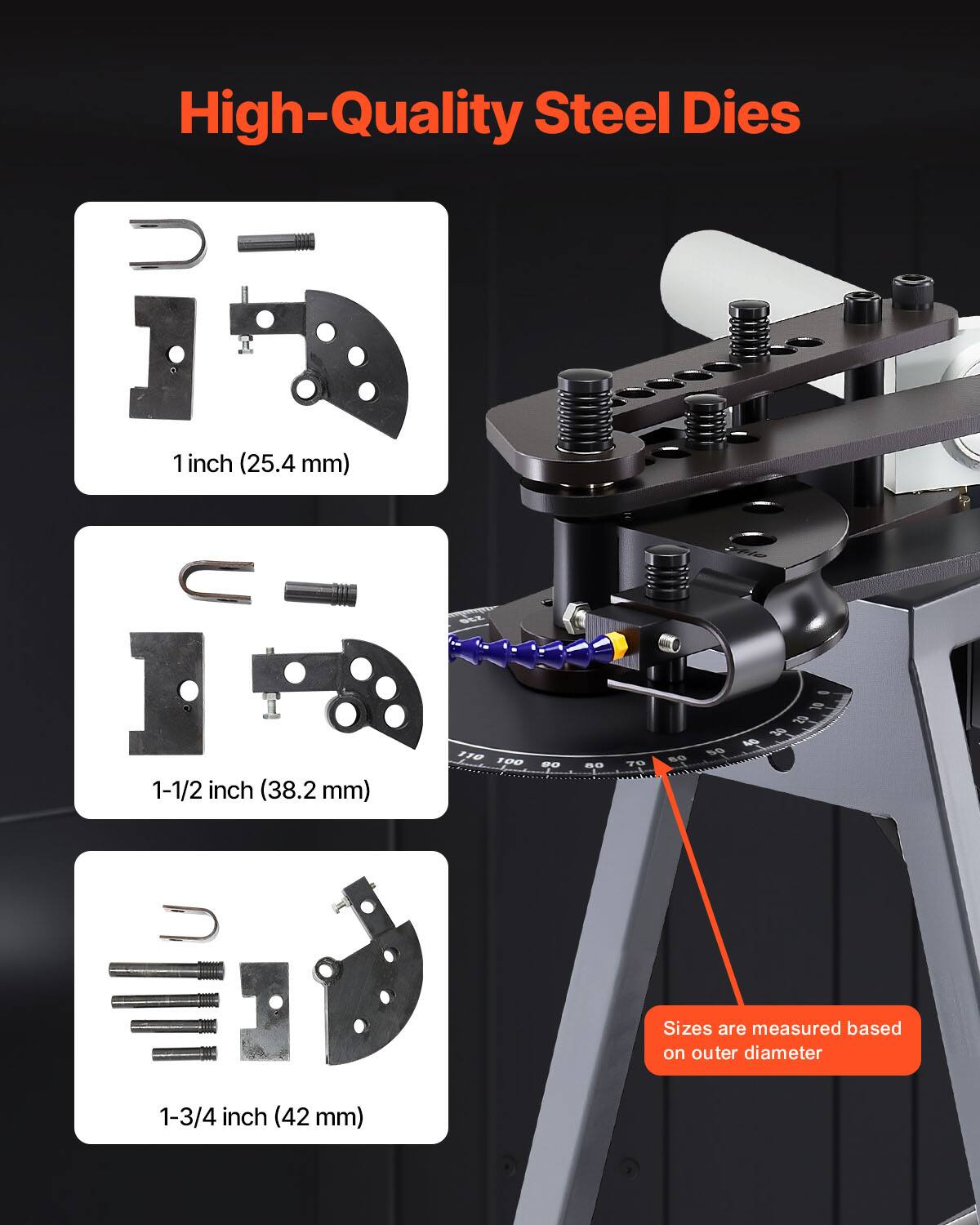 High-Quality Steel Dies

1 inch (25.4 mm)  
1-1/2 inch (38.2 mm)  
1-3/4 inch (42 mm)

Sizes are measured based on outer diameter
