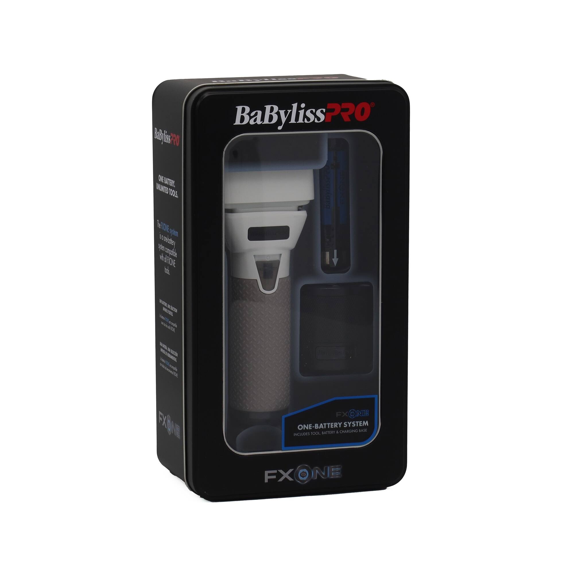 BaBylissPRO  
ONE BATTERIES GETALMO STOOL  
arten compide HOE of  
5X4  
FXONE ONE-BATTERY SYSTEM : CHARGING INCLUDES 100% BATTERY FXONE