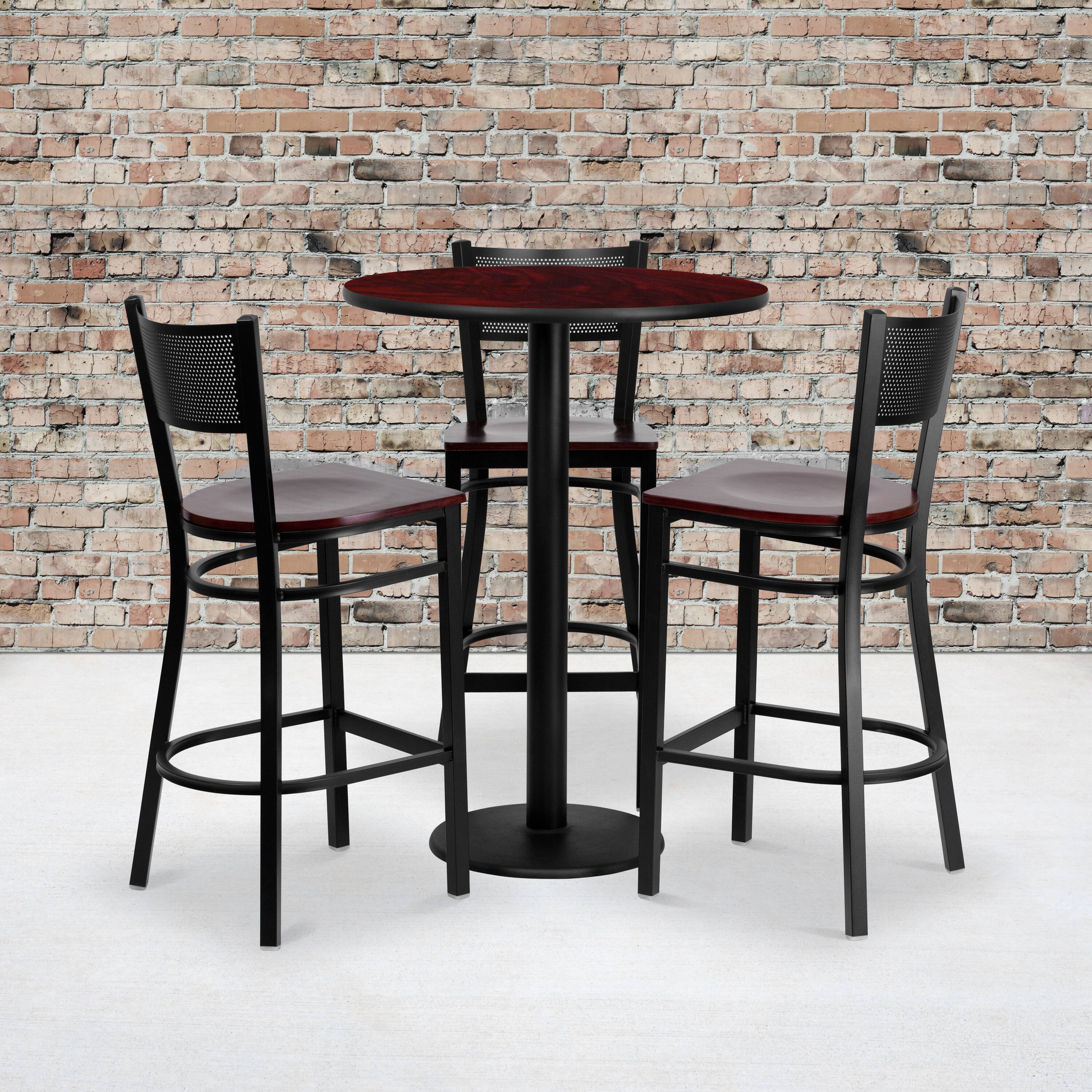 Alt View 1. Emma + Oliver - 30" Round Laminate Table Set with 3 Grid Back Metal Barstools - Mahogany Top/Mahogany Wood Seat.