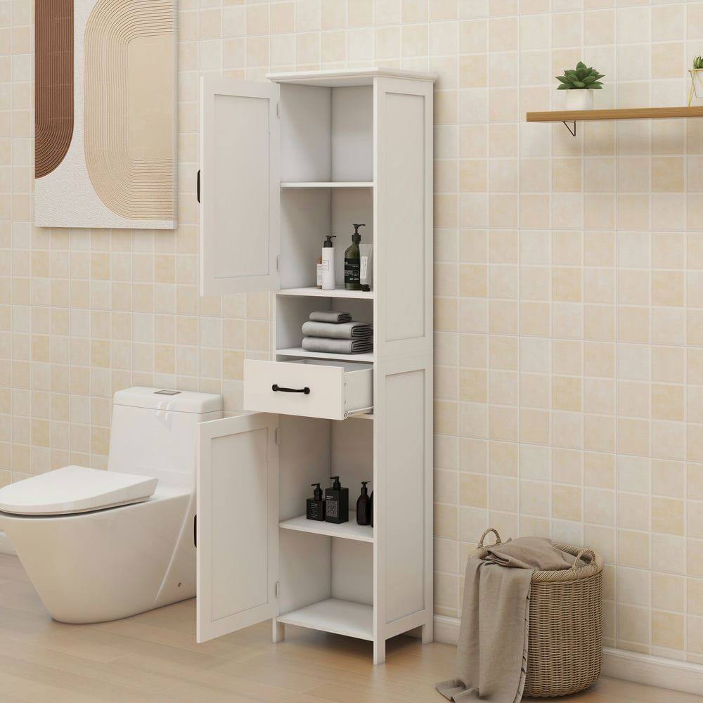 Left. Kadyn - Double Door Narrow Height Slim Floor Standing Cabinet, Floor Cabinet for Bathroom, Living Room, Entryway, Kitchen, White - White.