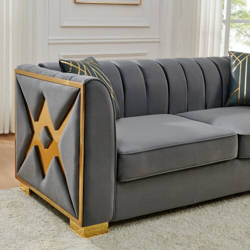 Left. Anysun - 81" 3-Seat Velvet Chesterfield Sofa - Button Tufted, Gold Stainless Steel Accents, Includes 2 Pillows - Gray.