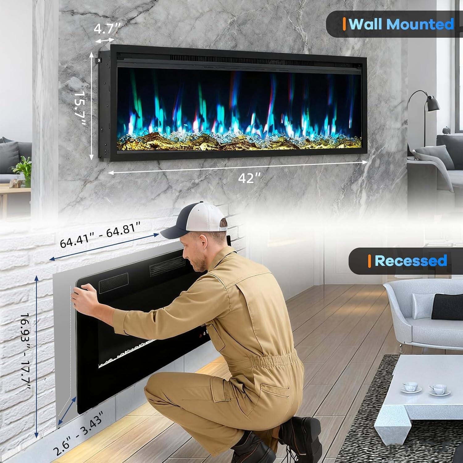 - Wall Mounted
  - Height: 4.7"
  - Width: 42"
  - Depth: 15.7"

- Recessed
  - Height: 16.93" - 17.7"
  - Width: 64.41" - 64.81"
  - Depth: 2.6" - 3.43"