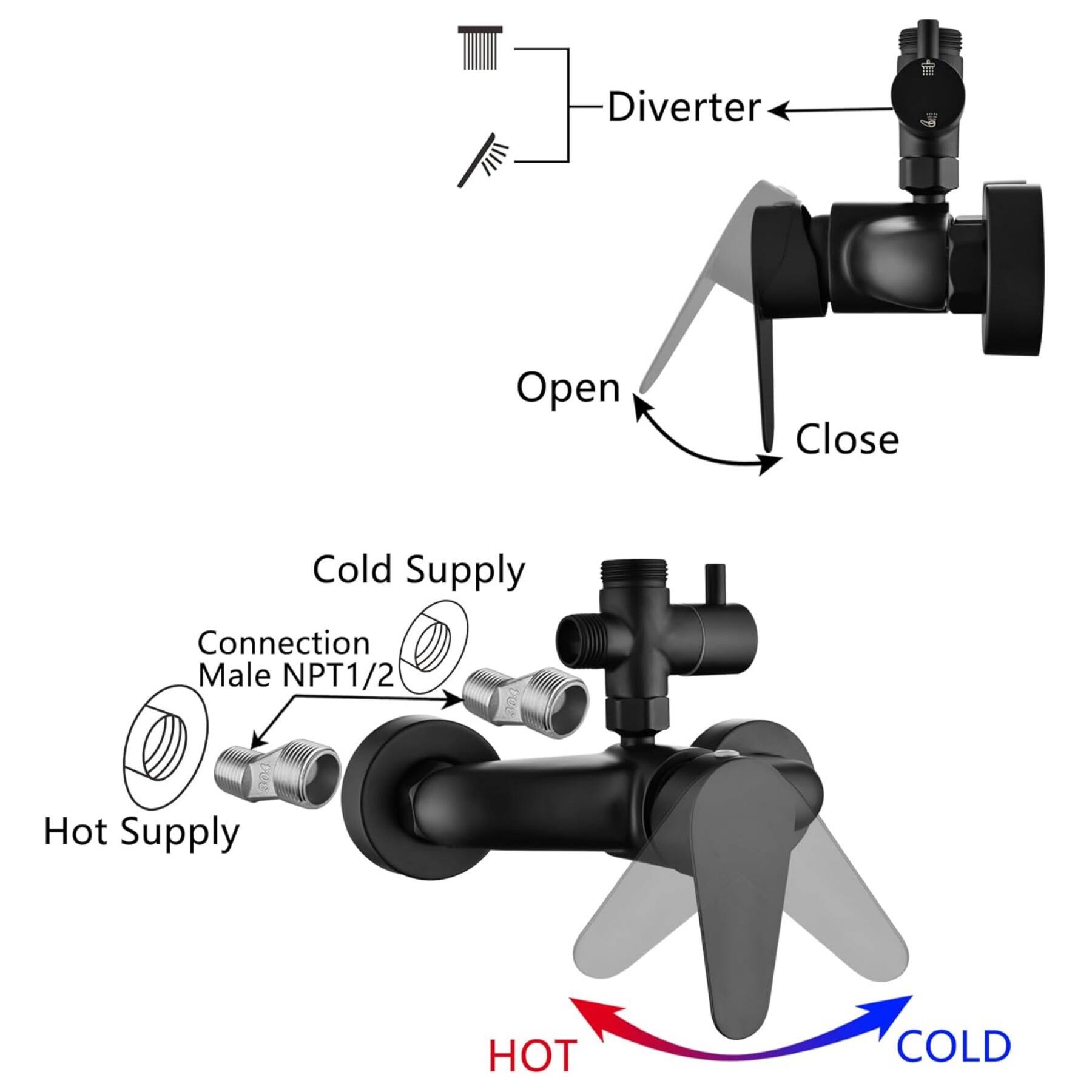 Diverter Open Close Cold Supply Connection Male NPT1/2 vue Hot Supply HOT COLD