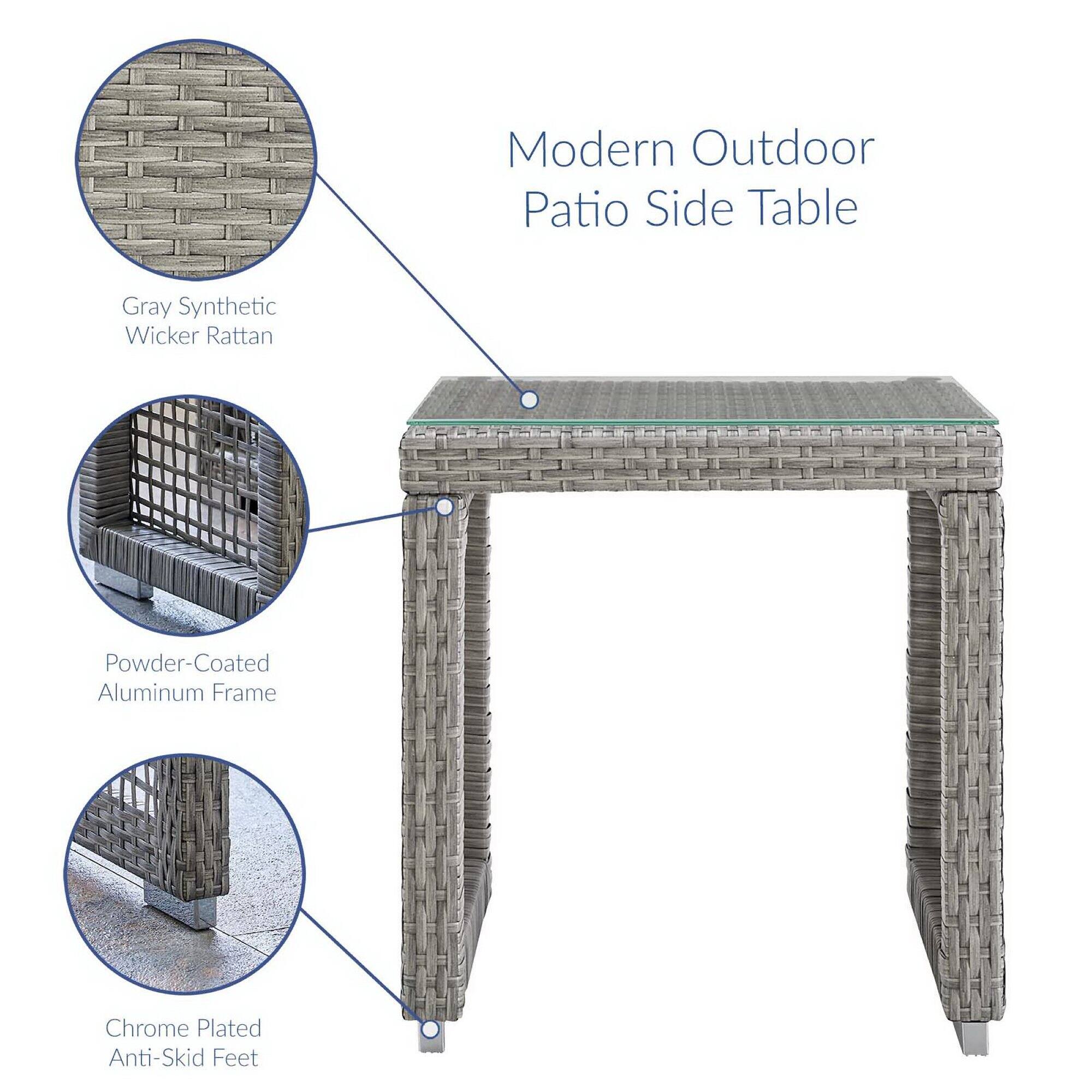 Modern Outdoor Patio Side Table

- Gray Synthetic Wicker Rattan
- Powder-Coated Aluminum Frame
- Chrome Plated Anti-Skid Feet
