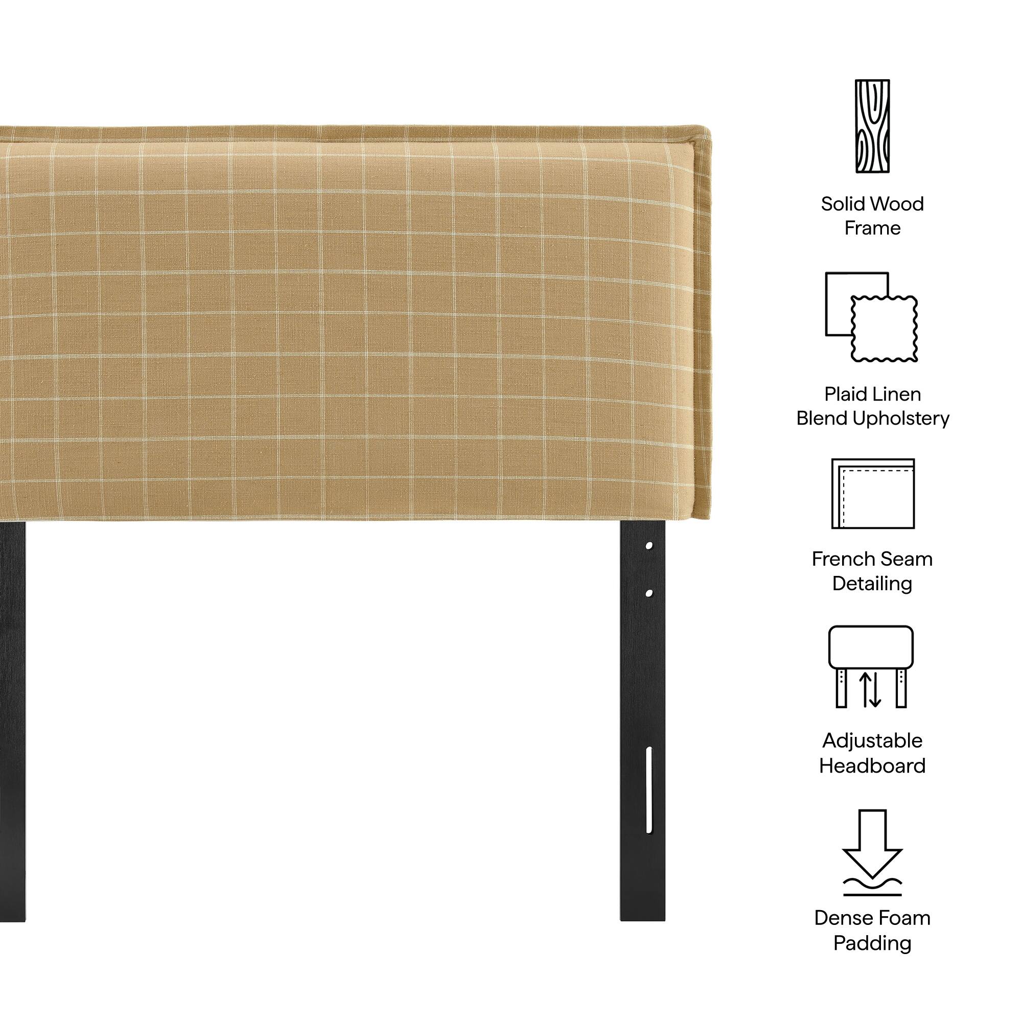 Solid Wood Frame  
Plaid Linen Blend Upholstery  
French Seam Detailing  
Adjustable Headboard  
Dense Foam Padding