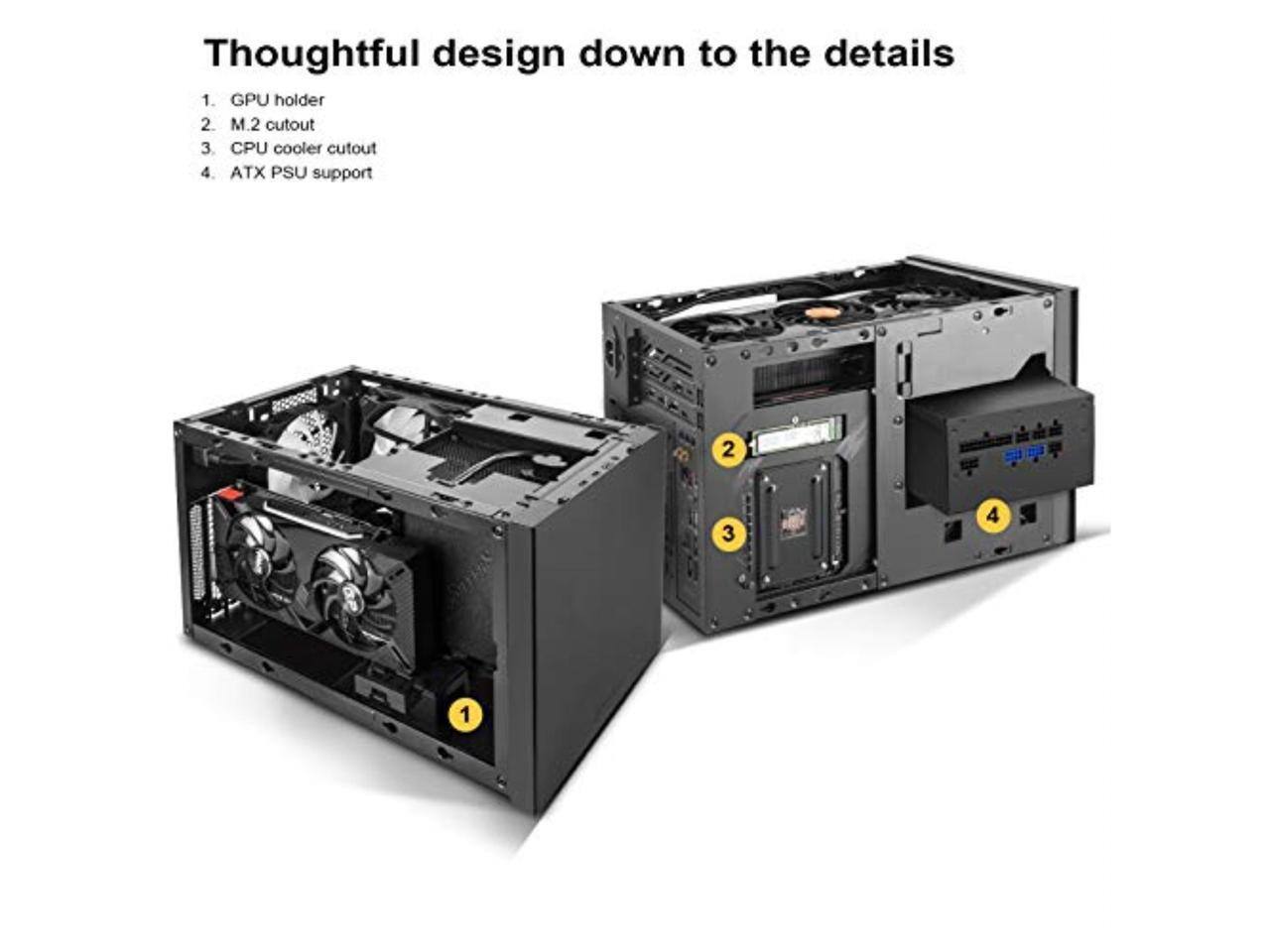 Thoughtful design down to the details

1. GPU holder
2. M.2 cutout
3. CPU cooler cutout
4. ATX PSU support