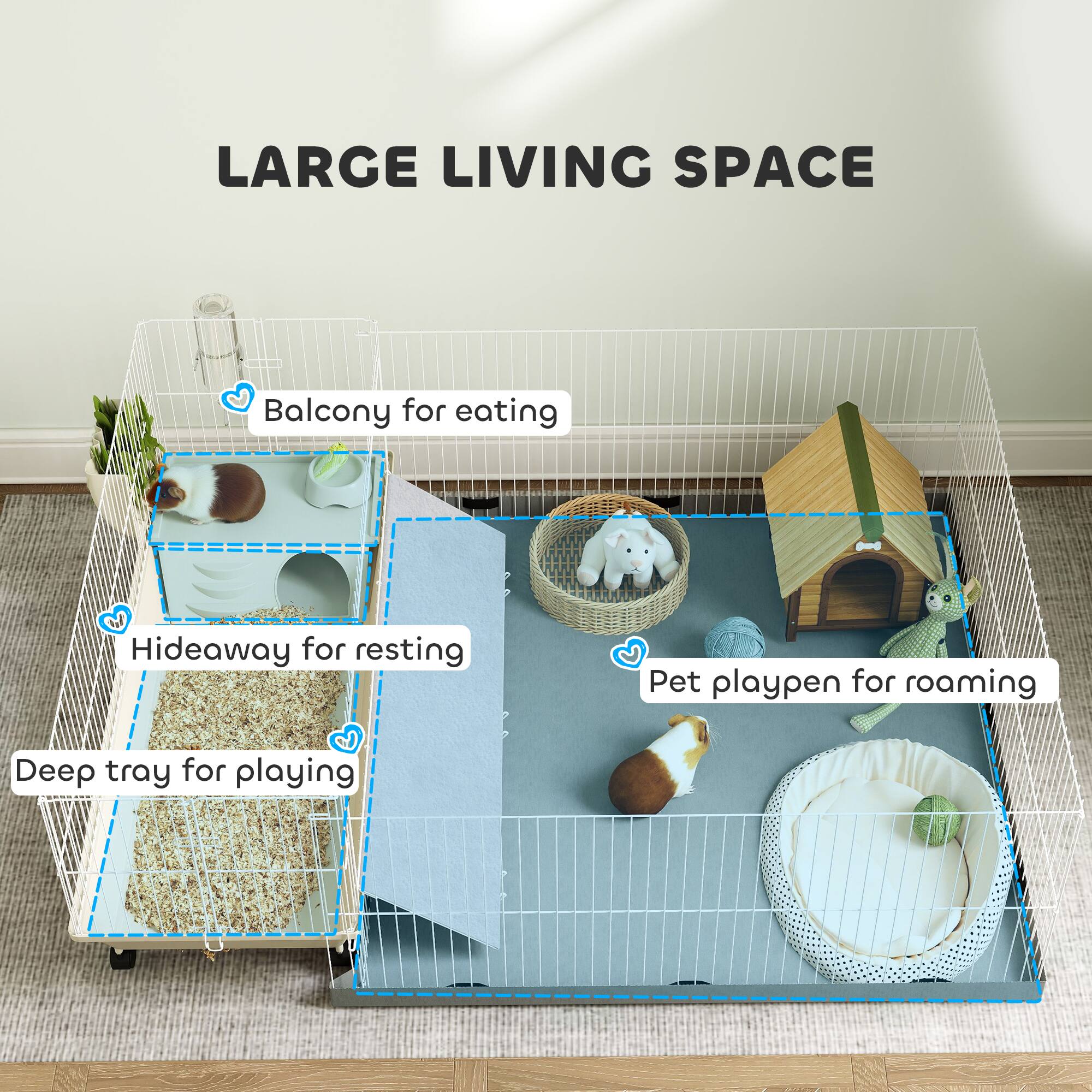 LARGE LIVING SPACE

- Balcony for eating
- Hideaway for resting
- Deep tray for playing
- Pet playpen for roaming