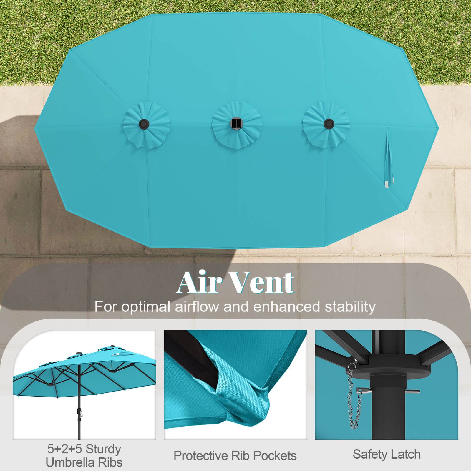 Air Vent For optimal airflow and enhanced stability, the umbrella features 5+2+5 sturdy umbrella ribs. It also has protective rib pockets and a safety latch.