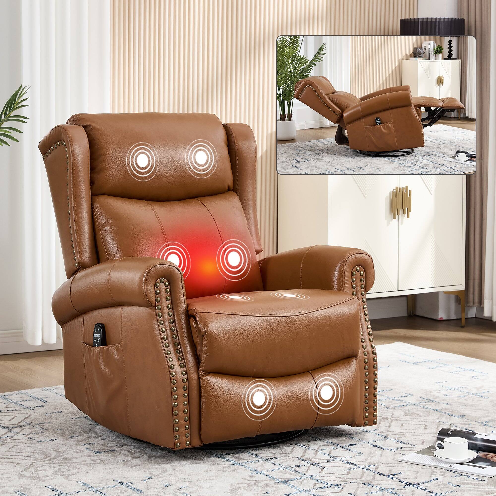 Alt View 1. Boyel Living - Dark Yellow Genuine leather Heat Massage Manual Recliner Chair with Rocker and Swivel for Living Room - Dark Yellow.