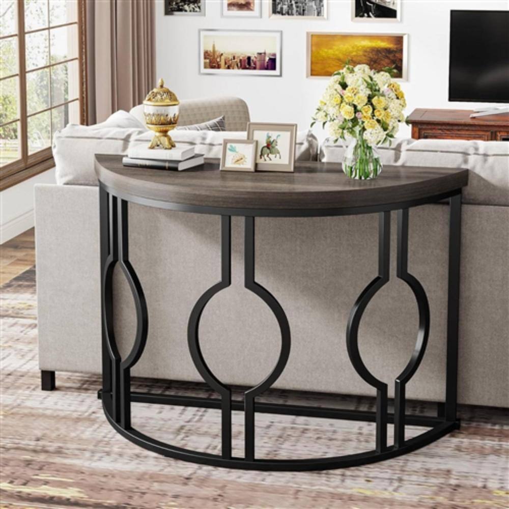 Angle. Hivvago - Modern 43-inch Half Moon Accent Sofa Table with Grey Wood Top Black Frame - Grey, Black.