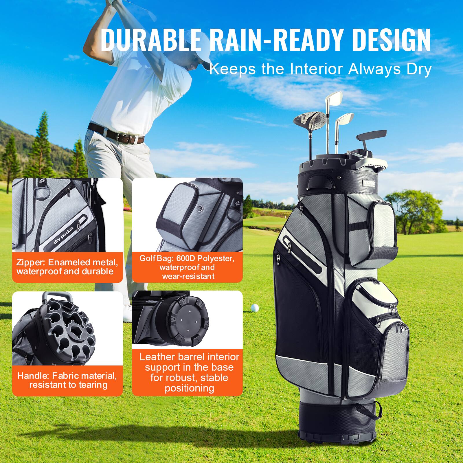 DURABLE RAIN-READY DESIGN  
Keeps the Interior Always Dry  

Zipper: Enamel metal, waterproof and durable  

Golf Bag: 600D Polyester, waterproof and wear-resistant  

Handle: Fabric material, resistant to tearing  

Leather barrel interior support in the base for robust, stable positioning