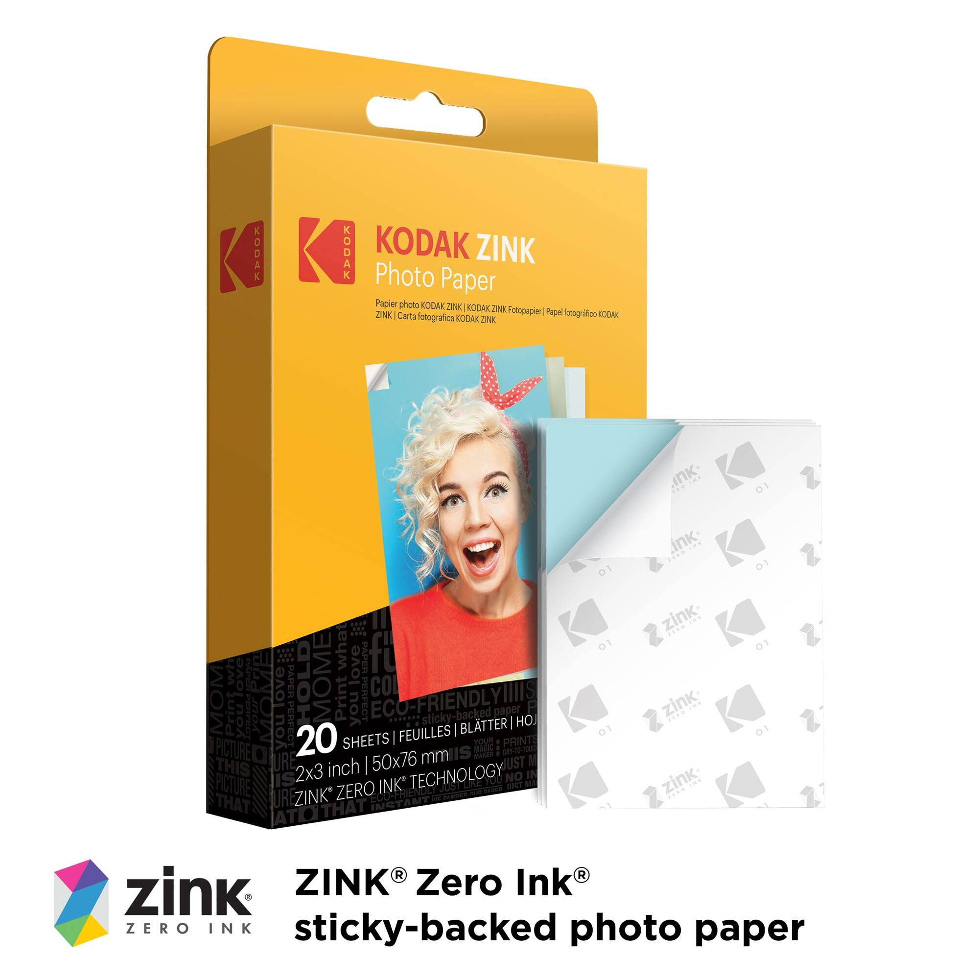 KODAK ZINK Photo Paper  
Papier photo KODAK ZINK  
ZINK | Carta fotografica KODAK ZINK  
ZINK® Zero Ink® sticky-backed photo paper  
20 sheets | FEUILLES | BLATTER | 2x3 inch | 50x76 mm  
ECO-FRIENDLY  
ZINK® ZERO INK TECHNOLOGY
