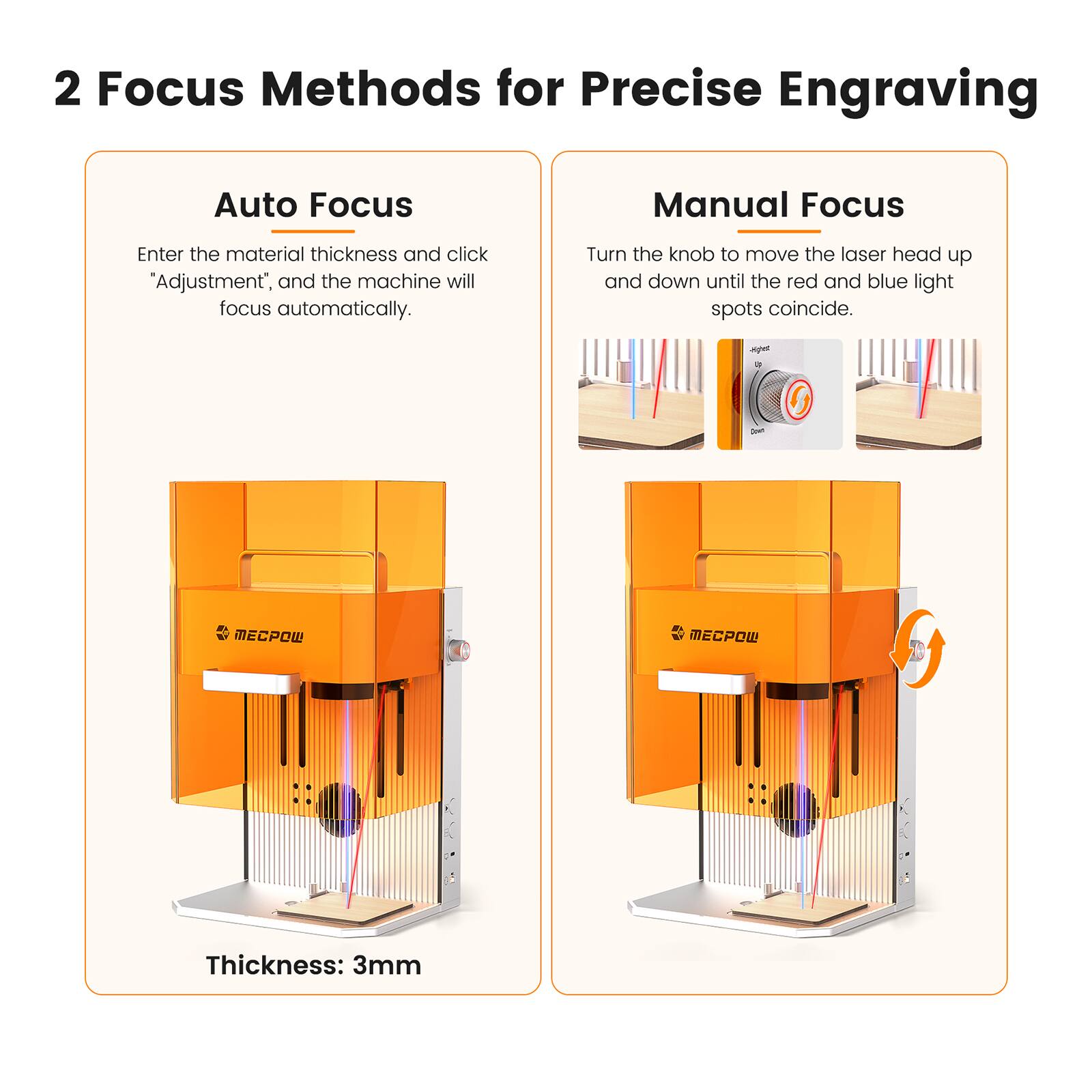 2 Focus Methods for Precise Engraving

Auto Focus  
Enter the material thickness and click "Adjustment", and the machine will focus automatically.  
Thickness: 3mm

Manual Focus  
Turn the knob to move the laser head up and down until the red and blue light spots coincide.