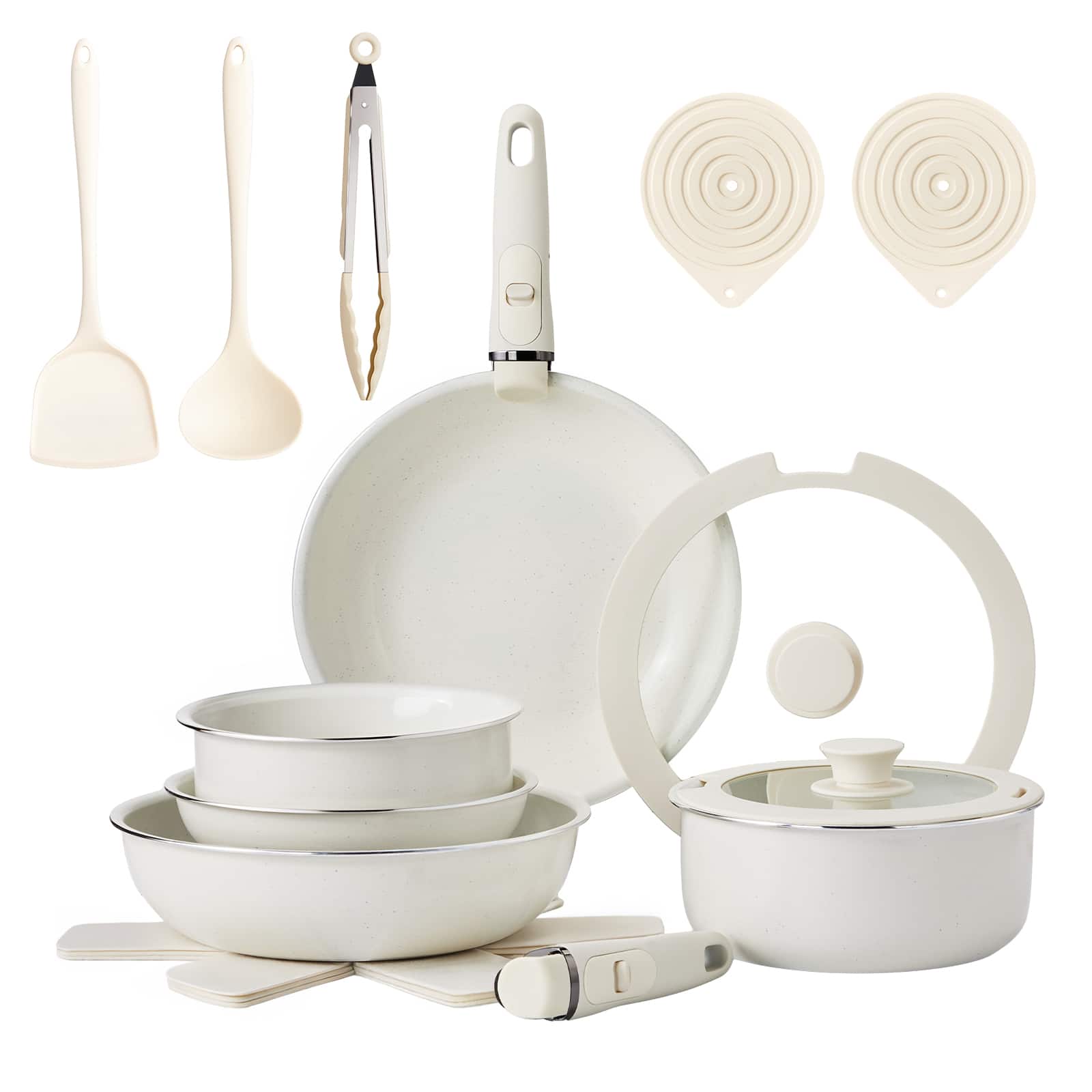 Winado - 19 Pieces Nonstick Cookware Set with 5 Pots and Pans & 2 Detachable Handles & Silicone Lids for Apartments Family Meals - White
