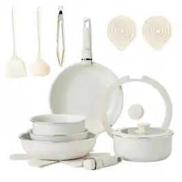 Winado - 19 Pieces Nonstick Cookware Set with 5 Pots and Pans & 2 Detachable Handles & Silicone Lids for Apartments Family Meals - White