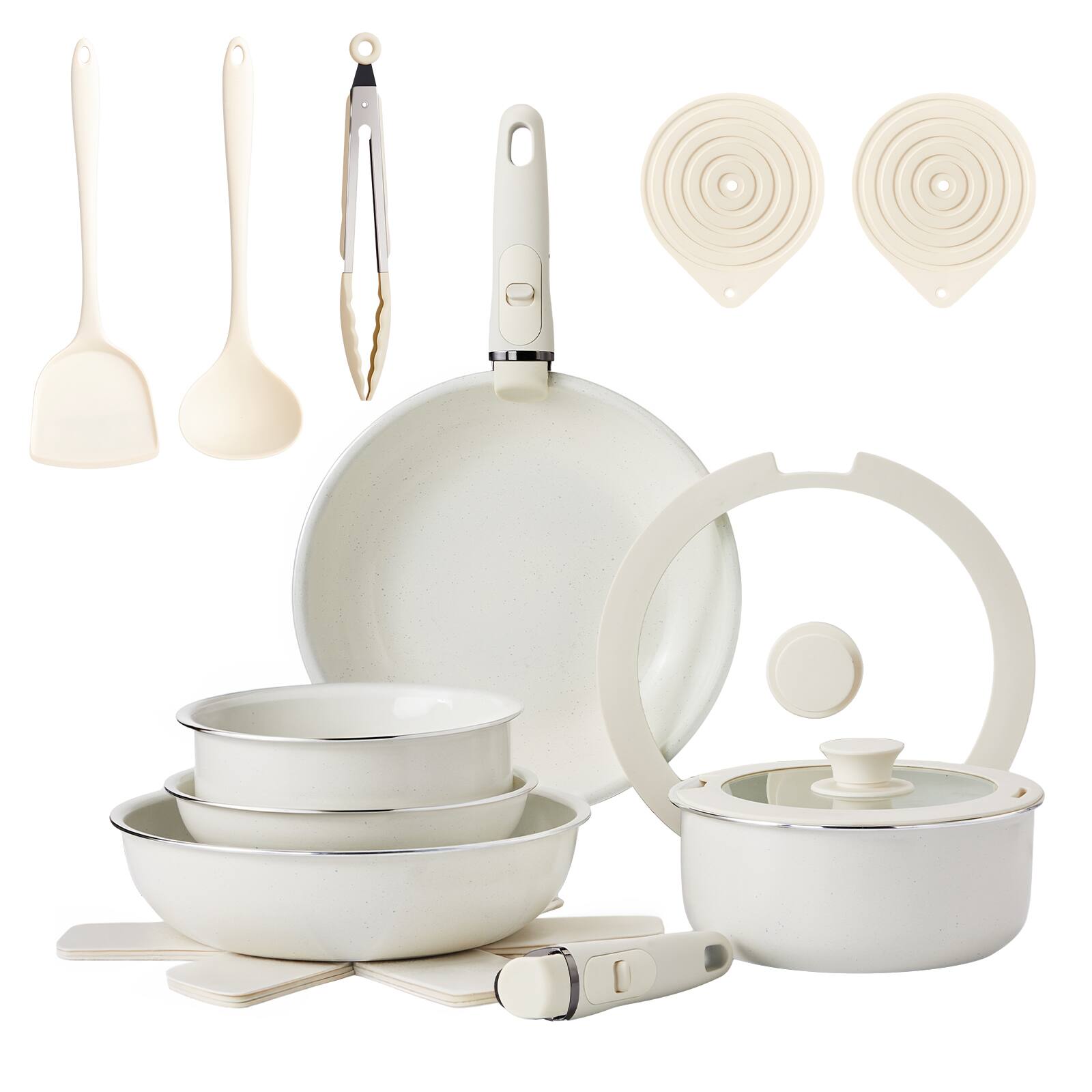 Front. Winado - 19 Pieces Nonstick Cookware Set with 5 Pots and Pans & 2 Detachable Handles & Silicone Lids for Apartments Family Meals - White.