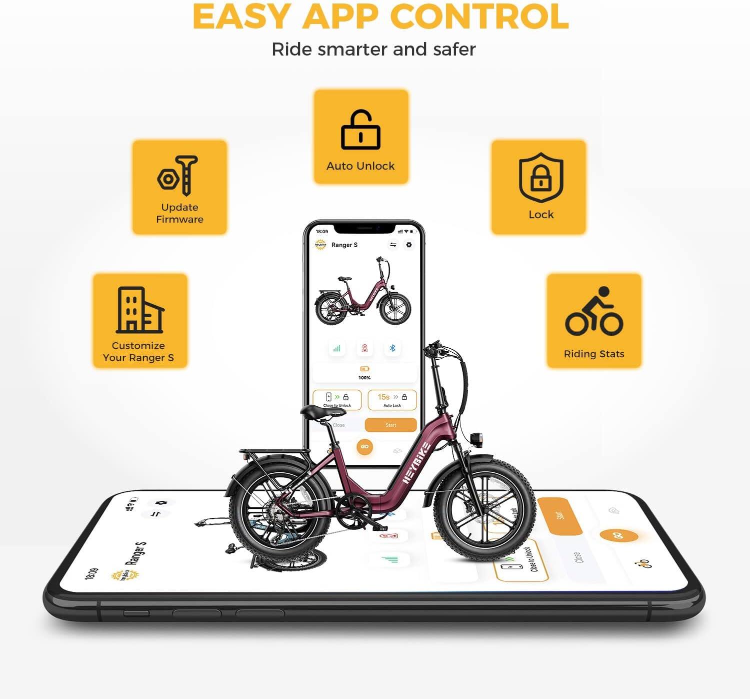 Easy App Control: Ride smarter and safer.

* Update Firmware
* Auto Unlock
* Lock Ranger
* Customize Your Ranger
* Riding Stats

This text is grouped and corrected to provide a clear and concise description of the features offered by the Easy App Control.