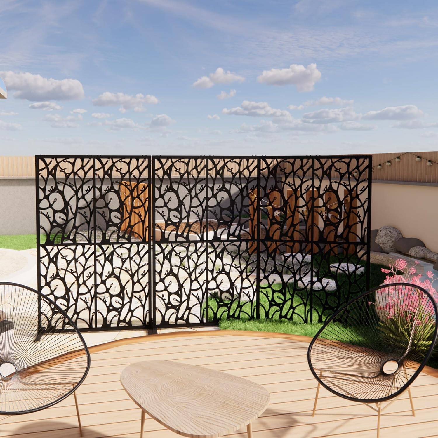 Back. MOOSOO - Metal Privacy Fence Screen 72x45.3"– Freestanding Decorative Outdoor & Indoor Room Divider Screen with Bird Pattern - Black.