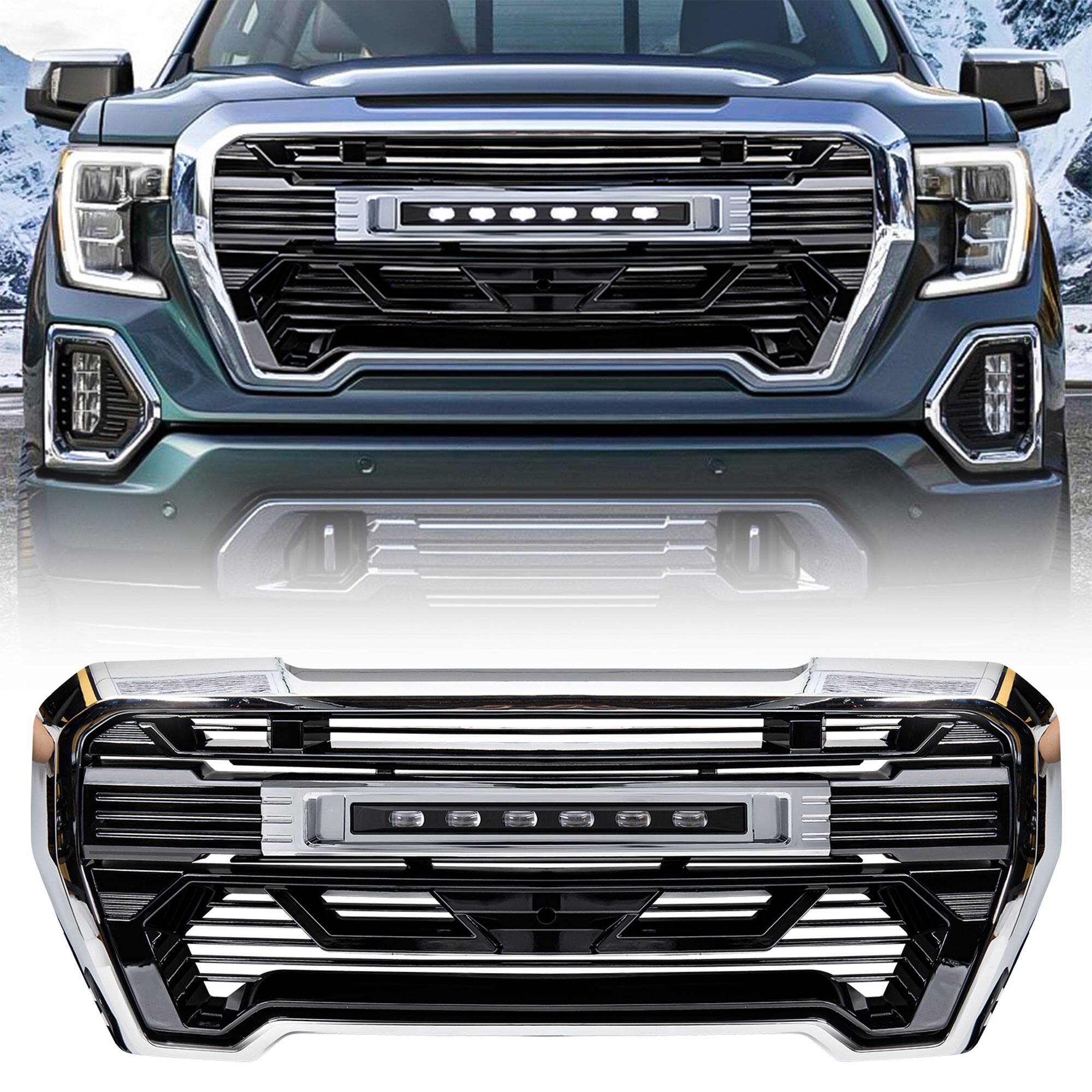 Front. AMERICAN MODIFIED - AMERICAN MODIFIED Grille w/Lights for 2019-2021 GMC Sierra 1500 Base, SLE, & SLT - Chrome.