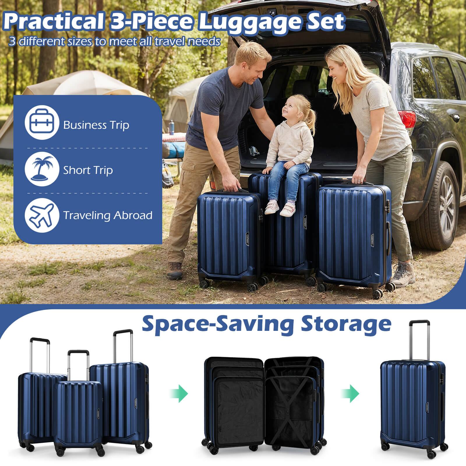 Practical 3-Piece Luggage Set  
3 different sizes to meet all travel needs

- Business Trip
- Short Trip
- Traveling Abroad

Space-Saving Storage