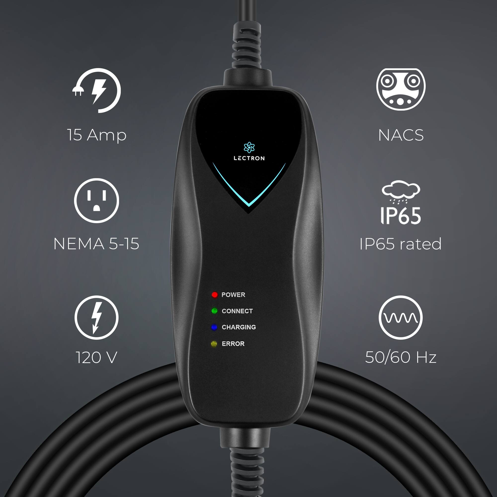 The text on the image is describing a device with various features and specifications. The device is a Lepton charger with a 15 Amp NACS rating. It is designed for use with a 120V power source and is IP65 rated, indicating that it is protected against dust and water. The charger is capable of charging at 4 amps and has a frequency of 50/60 Hz. Additionally, the charger has a power connect feature and is equipped with a charging error function.