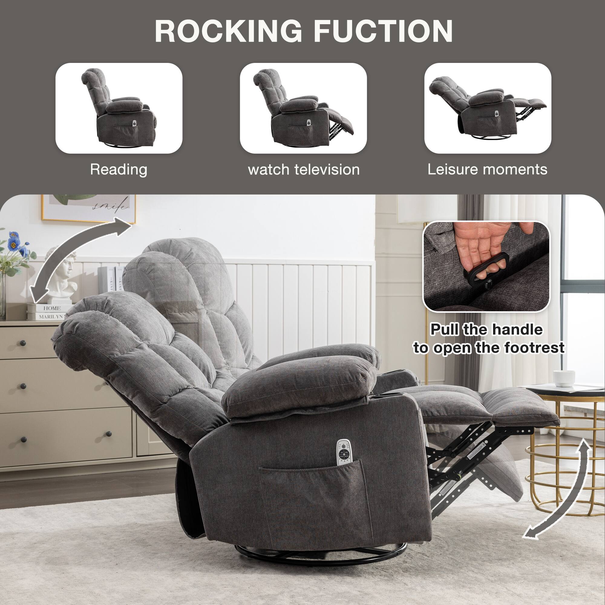 ROCKING FUNCTION

- Reading
- watch television
- Leisure moments

Pull the handle to open the footrest