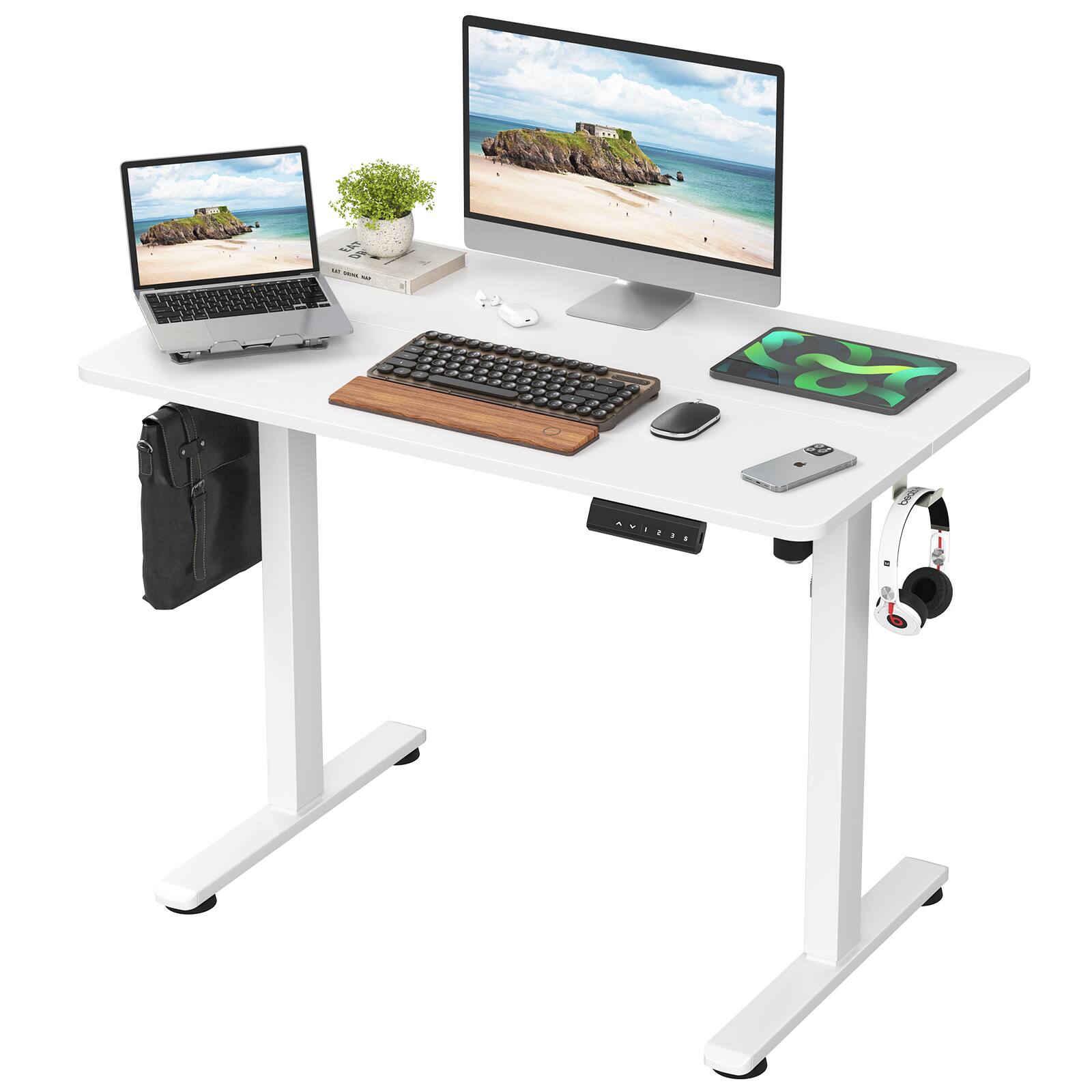 Front. Glintex - Computer Desk with Power Outlet 47.3 Inch Dual Monitor Stands Dual Drawers Side Pocket - White.