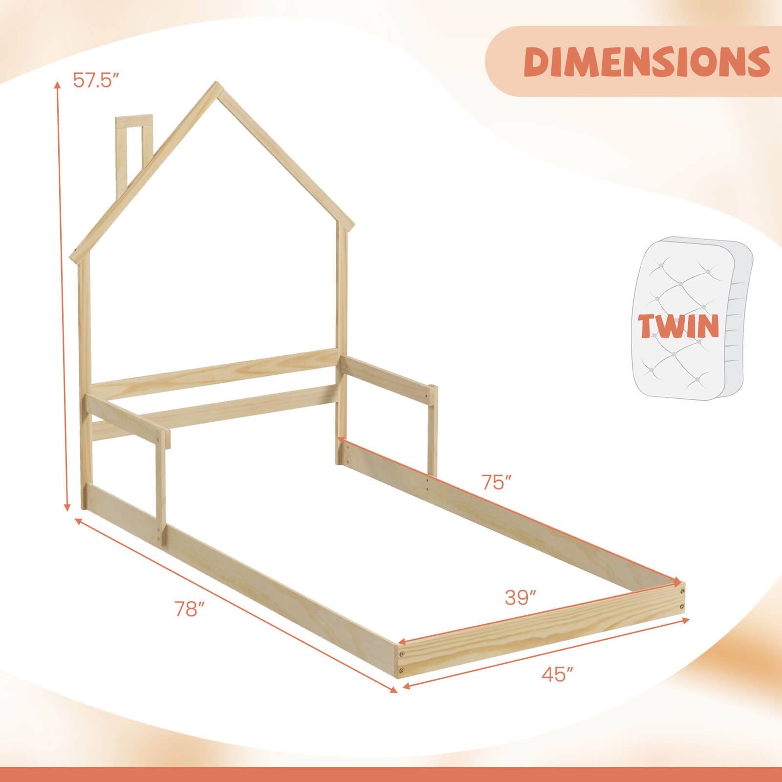 The text on the image reads "57.5" DIMENSIONS TWIN 75" 78" 39" a 45". This information is describing the dimensions of a twin bed frame. The bed frame measures 57.5 inches in length, and the mattress dimensions are 75" x 78" with a 39" headboard and a 45" footboard.