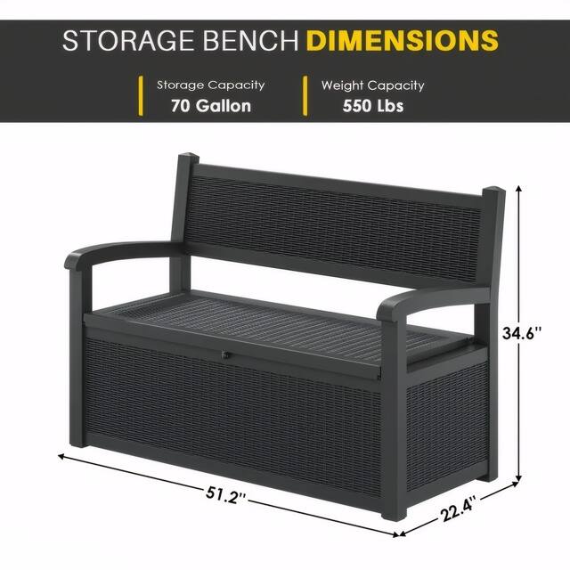 STORAGE BENCH DIMENSIONS

Storage Capacity: 70 Gallon  
Weight Capacity: 550 Lbs  

Dimensions:  
- Length: 51.2"  
- Width: 22.4"  
- Height: 34.6"