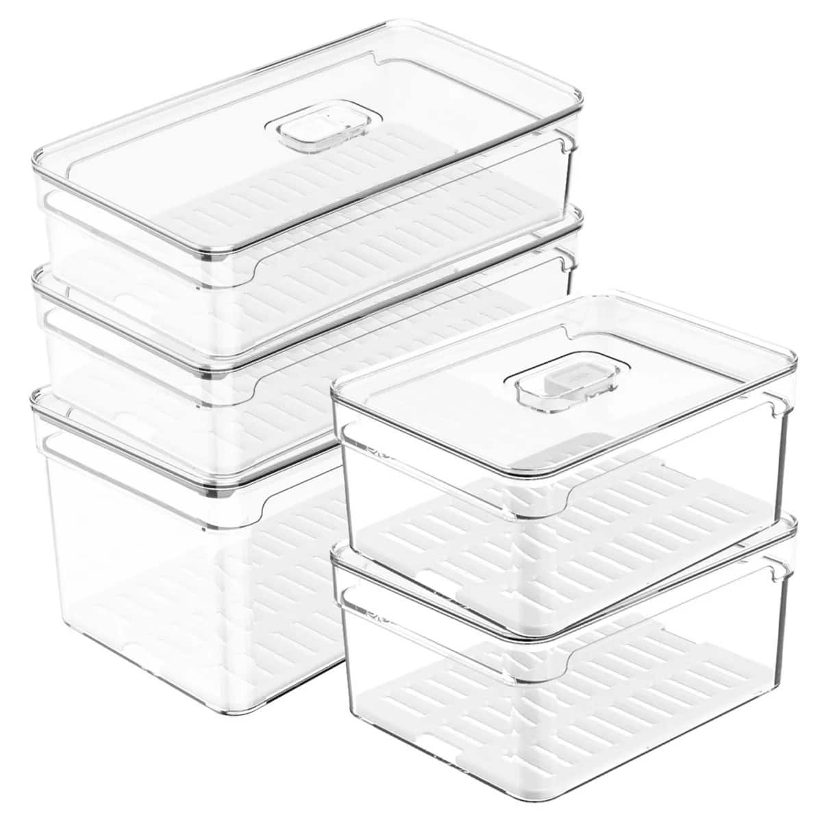 OU - Fridge Organizer Set with Lids, Refrigerator Storage Bins with Drainer Tray and Vent Lid, 5 Pack - Clear