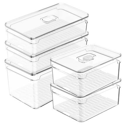 Front. OU - OU Fridge Organizer Set with Lids, Refrigerator Storage Bins with Drainer Tray and Vent Lid, 5 Pack - Clear.
