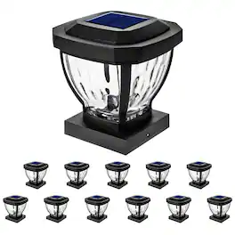 Home Zone Security - ELI1582V 12 Pack Solar Post Cap Lights, Decorative Glass LED, Fits 3.5x3.5 Post, Black Finish