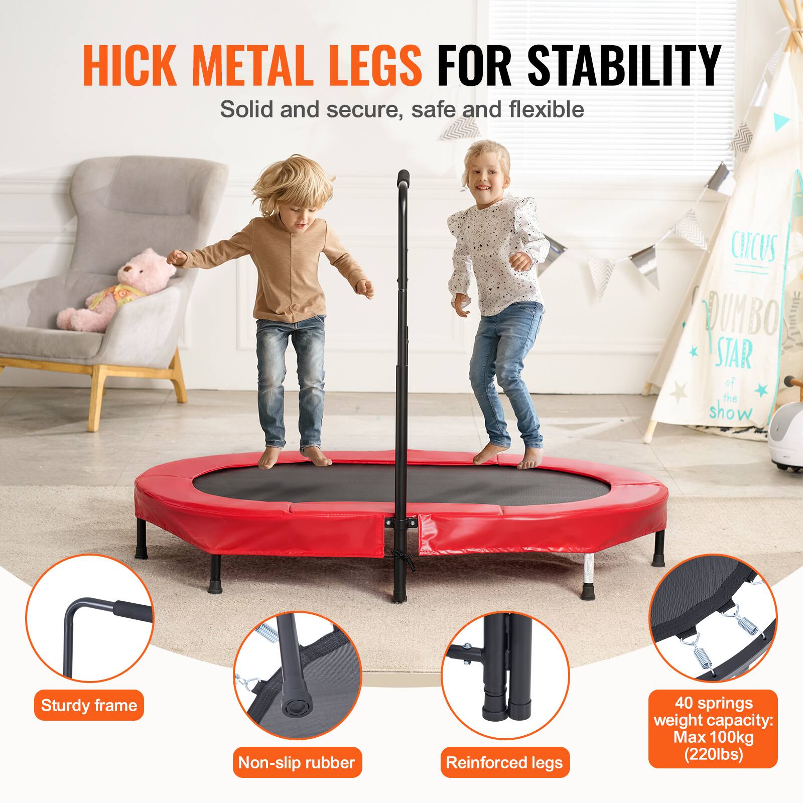 HICK METAL LEGS FOR STABILITY

- Solid and secure, safe and flexible
- Sturdy frame
- Non-slip rubber
- Reinforced legs
- 40 springs
- Weight capacity: Max 100kg (220lbs)