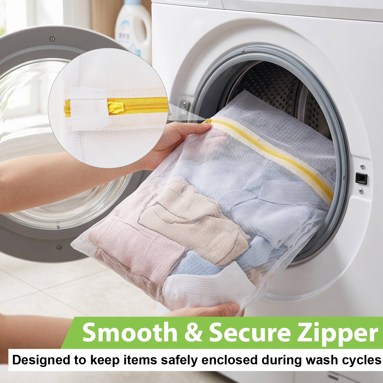 Smooth & Secure Zipper  
Designed to keep items safely enclosed during wash cycles