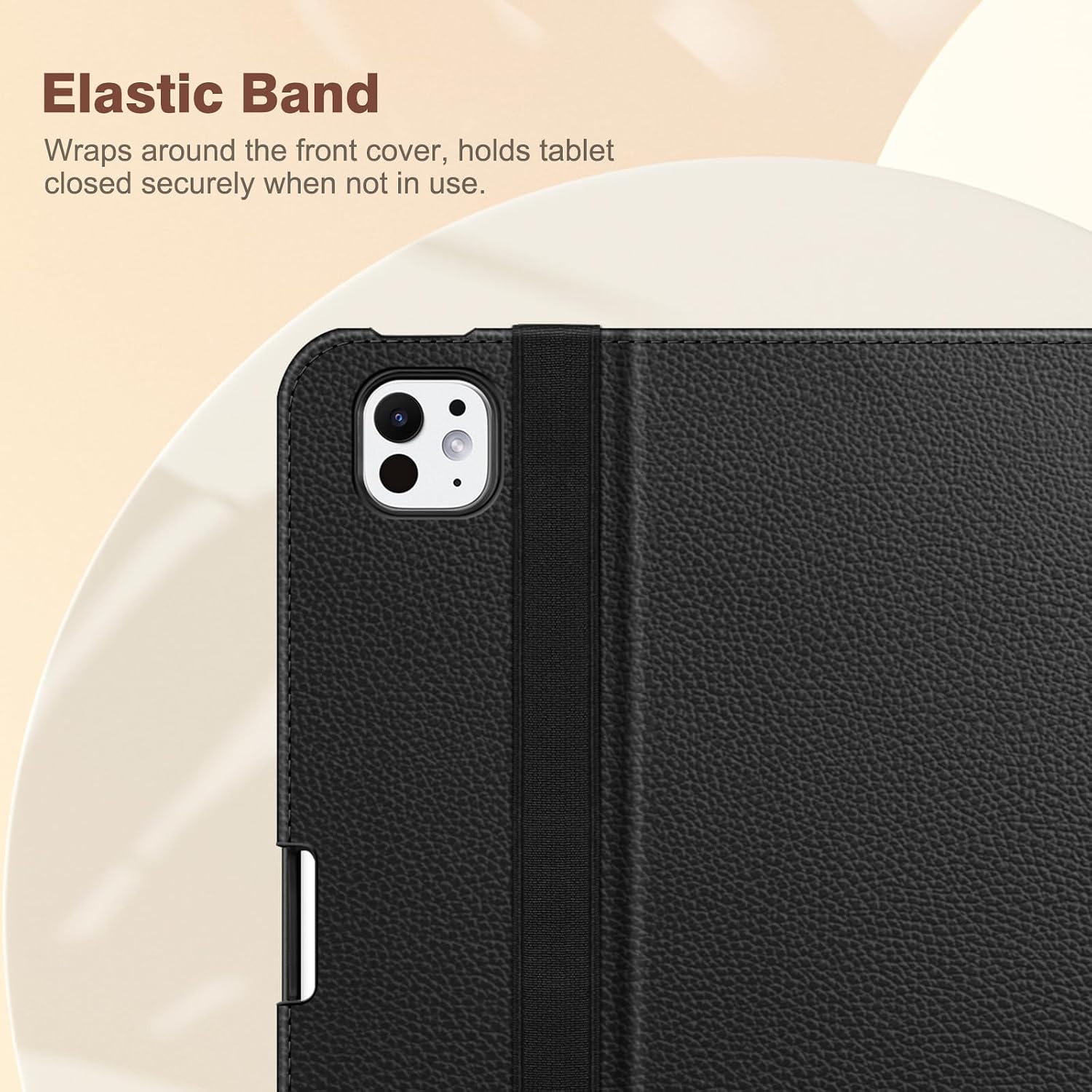 Elastic Band Wraps around the front cover, holds tablet closed securely when not in use.