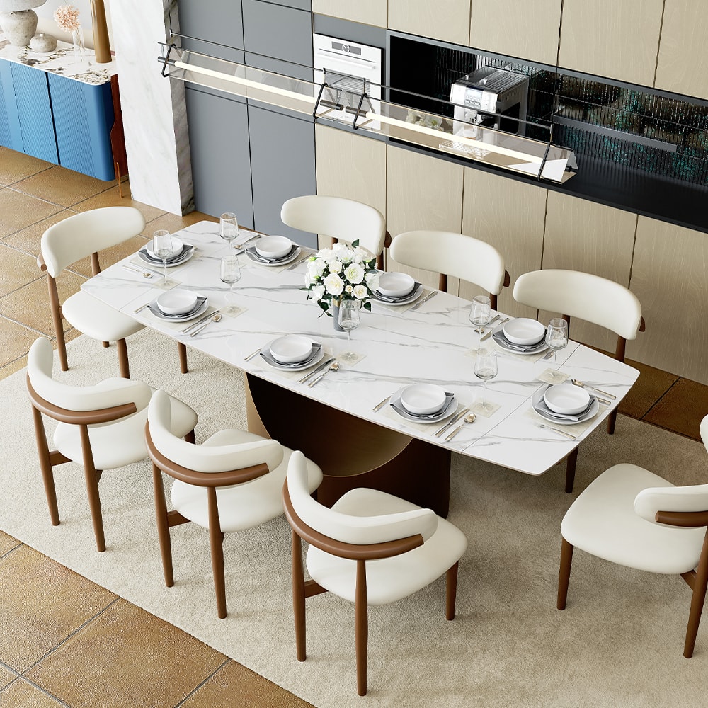 POVISON - 71"-95"Extendable Modern White Dining Table for 6-10,Rectangular Glossy Sintered Stone Tabletop,Bronze Carbon Steel Leg - Glossy White Sintered Stone with Bronze