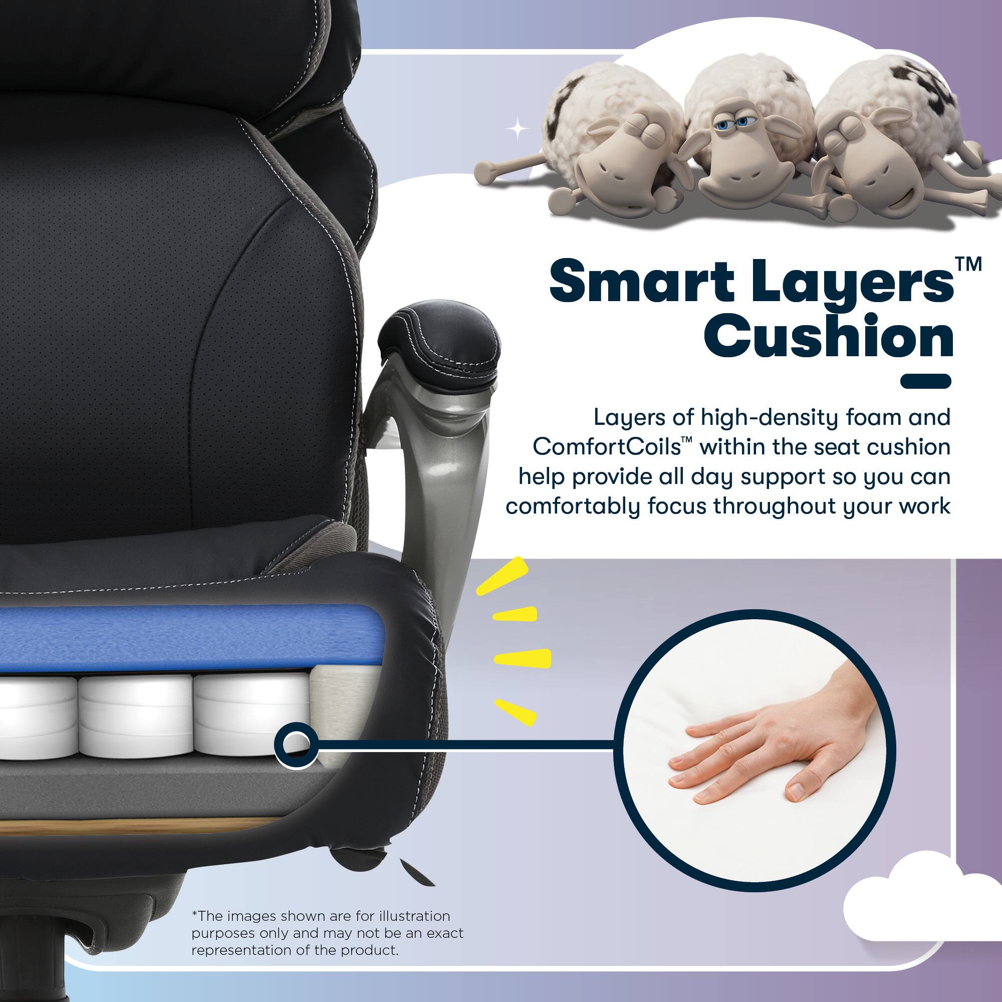 TM Smart Layers' Cushion - Layers of high-density foam and ComfortCoils within the seat cushion help provide all day support so you can comfortably focus throughout your work. *The images shown are for illustration purposes only and may not be an exact representation of the product.