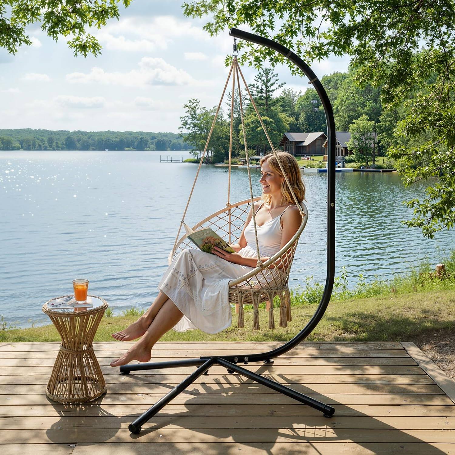 Alt View 7. Winado - Hanging Chair Stand Only, C Frame Swing Stand for Egg Chairs, Macrame Hanging Chairs, Weatherproof for Indoor Outdoor - Black.